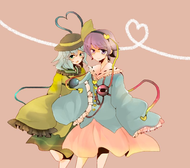 mizuoka, mizuoka magu, komeiji koishi, komeiji satori, touhou, bad id, bad pixiv id, 2girls, female focus, green eyes, grey hair, hairband, hat, headband, heart, heart of string, long sleeves, multiple girls, pink hair, purple eyes, siblings, sisters, sleeves past wrists