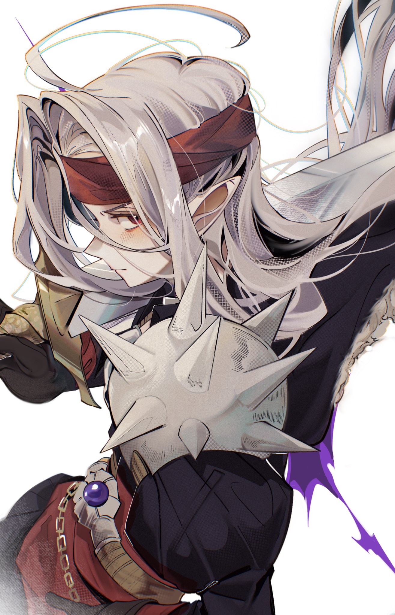 mamesan 2024, pisaro, dragon quest, dragon quest iv, highres, 1boy, belt, black jacket, grey hair, headband, holding, holding sword, holding weapon, jacket, long hair, looking at viewer, male focus, over shoulder, pale skin, parted bangs, pointy ears, red belt, red eyes, red headband, shoulder spikes, solo, spikes, sword, sword over shoulder, weapon, weapon over shoulder, white background