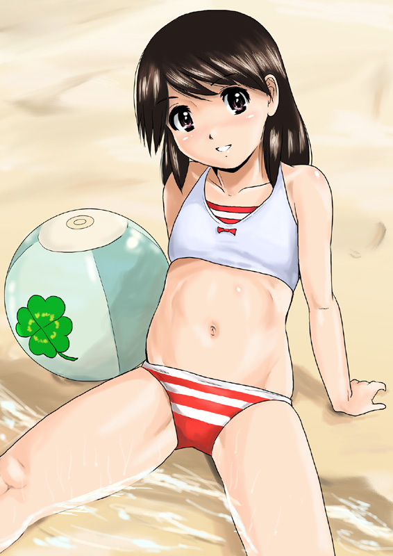 shu-z, ayase ena, yotsubato!, 1girl, bad anatomy, ball, beach, beachball, bikini, black hair, brown eyes, child, day, female focus, flat chest, short hair, solo, swimsuit