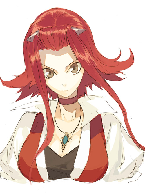 pako (pakosun), izayoi aki, yu-gi-oh!, yu-gi-oh! 5d's, 00s, 1girl, breasts, brown eyes, choker, cleavage, female focus, jewelry, large breasts, long hair, necklace, red hair, short hair, short hair with long locks, simple background, sketch, solo, white background