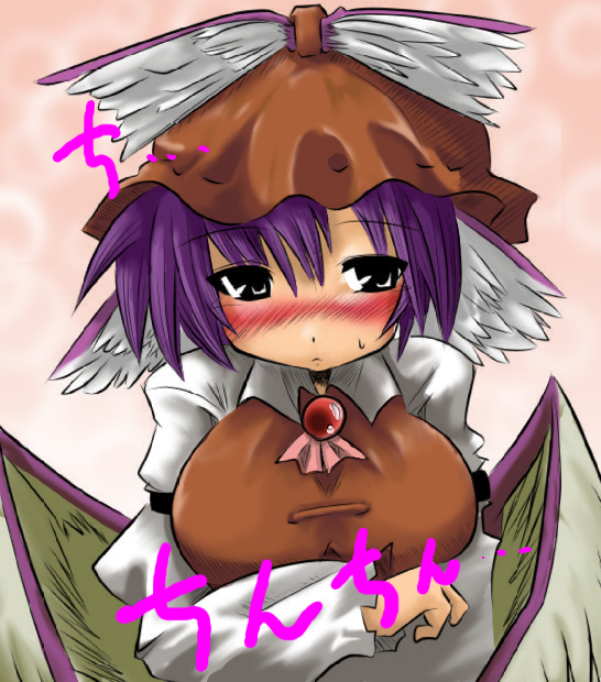 moumuri, mystia lorelei, touhou, translated, 1girl, animal ears, black eyes, blush, breasts, female focus, hat, large breasts, purple hair, short hair, solo, wings