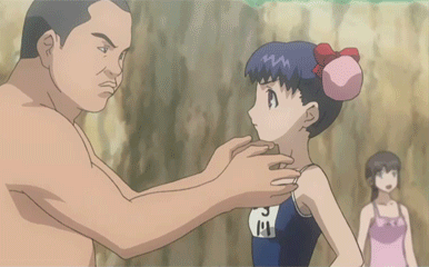 choko, choko (chokotto sister), chokotto sister, animated, animated gif, anime screenshot, lowres, 00s, 1boy, 2girls, :o, age difference, alternate hairstyle, angry, assisted exposure, black hair, blue hair, blue one-piece swimsuit, blurry, blush, bouncing breasts, bow, breasts, bun cover, casual one-piece swimsuit, close-up, clothes pull, depth of field, double bun, eye contact, fat, fat man, from side, hair bow, hair bun, hair up, loli, looking at another, multiple girls, name tag, nipples, one-piece swimsuit, one-piece swimsuit pull, open mouth, outdoors, parted lips, pink one-piece swimsuit, public indecency, public nudity, rock, school swimsuit, short hair, small breasts, standing, strap pull, surprised, swimsuit, undressing, upper body, you gonna get raped