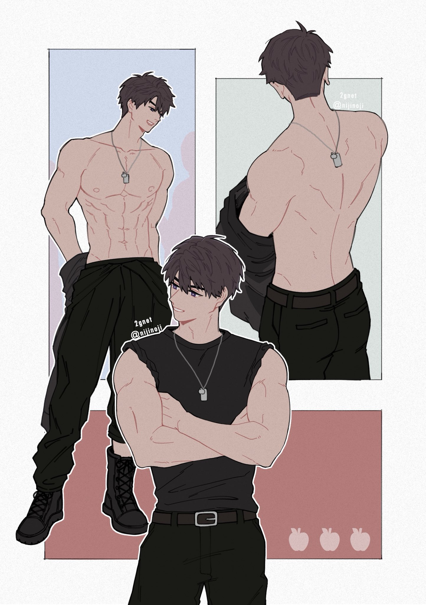 nijinoji, caleb (love and deepspace), love and deepspace, commentary, highres, symbol-only commentary, 1boy, abs, apple, belt, belt buckle, black belt, black boots, black pantyhose, black shirt, blue background, boots, border, brown hair, buckle, cowboy shot, crossed arms, dog tags, food, from behind, fruit, full body, green background, hair between eyes, male focus, multiple views, muscular, muscular male, pantyhose, parted lips, red background, shirt, short hair, sleeveless, sleeveless shirt, solo, topless male, twitter username, white border