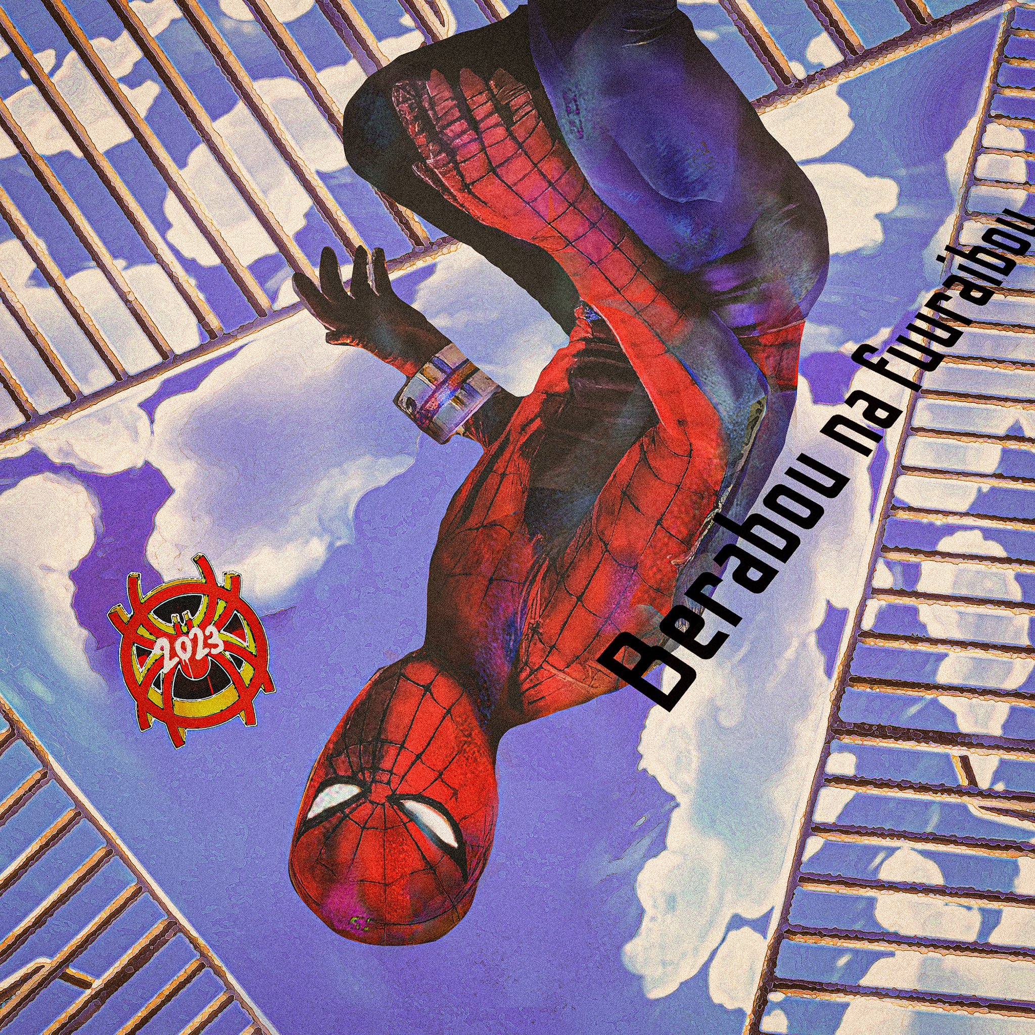 obakelope0530, spider-man, yamashiro takuya, marvel, spider-man (series), spider-man (toei), spider-verse, tokusatsu, commentary, highres, 1boy, 2023, animal print, artist name, blue bodysuit, blue sky, bodysuit, bracelet, cloud, cloudy sky, day, feet out of frame, handrail, jewelry, looking at viewer, male focus, mask, multicolored bodysuit, outdoors, print bodysuit, railing, red bodysuit, red mask, sky, solo, spider print, spider web print, squatting, superhero costume, toned, toned male, two-tone bodysuit, upside-down