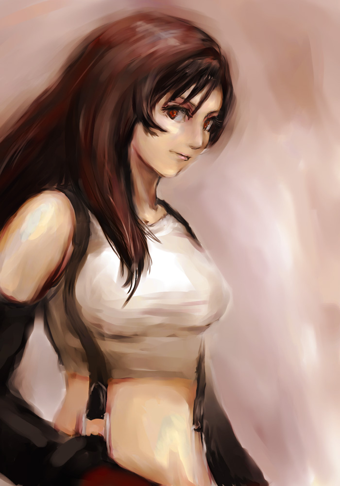 sk hand, tifa lockhart, final fantasy, final fantasy vii, bad id, bad pixiv id, 1990s (style), breasts, brown hair, elbow gloves, gloves, long hair, midriff, red eyes, retro artstyle, shirt, solo, suspenders, taut clothes, taut shirt