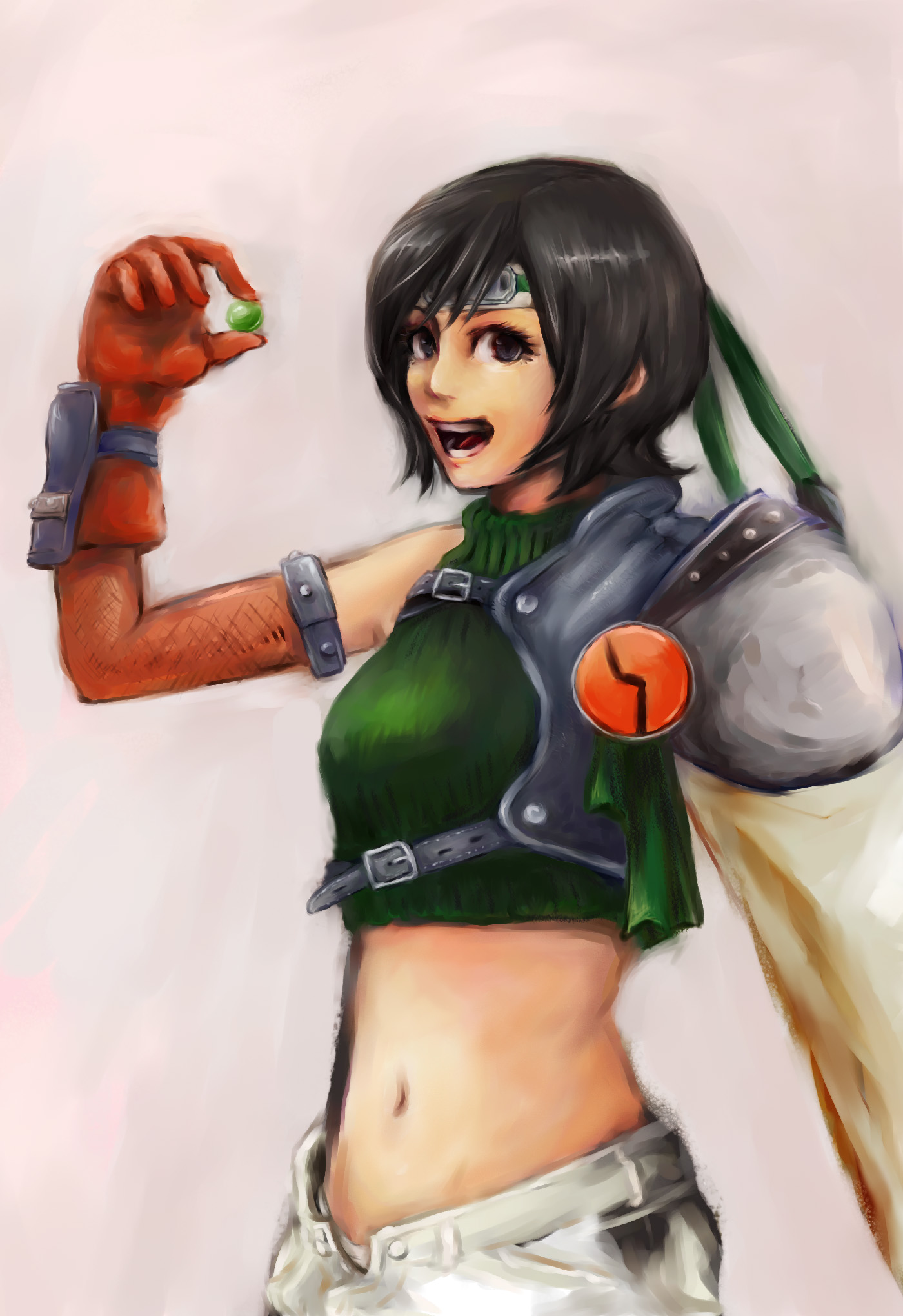 sk hand, yuffie kisaragi, final fantasy, final fantasy vii, bad id, bad pixiv id, highres, 1990s (style), armor, black hair, brown eyes, gloves, headband, materia, midriff, navel, open fly, retro artstyle, short hair, shorts, sleeveless, sleeveless turtleneck, smile, solo, turtleneck, unzipped