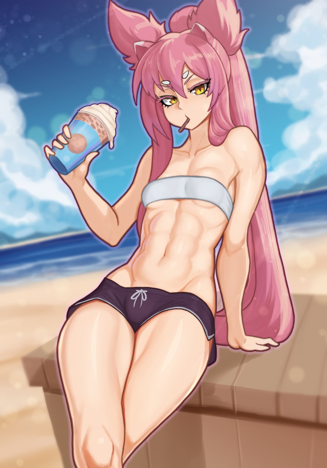 nerosynt, kokonoe (blazblue), arc system works, blazblue, commentary, english commentary, highres, abs, animal ears, arm up, bandeau, bare shoulders, beach, black shorts, blue sky, bra, breasts, cat ears, cat girl, cloud, cloudy sky, collarbone, cowboy shot, cup, dolphin shorts, eyebrows hidden by hair, facial mark, feet out of frame, forehead mark, groin, hair over shoulder, half-closed eyes, holding, holding cup, holding food, holding ice cream, ice cream, leaning back, long hair, navel, ocean, outdoors, pink hair, ponytail, shadow, shore, shorts, sitting, sky, small breasts, spoon, thighhighs, thighs, toned, toned female, underwear, v-shaped eyebrows, very long hair, white bra, yellow eyes