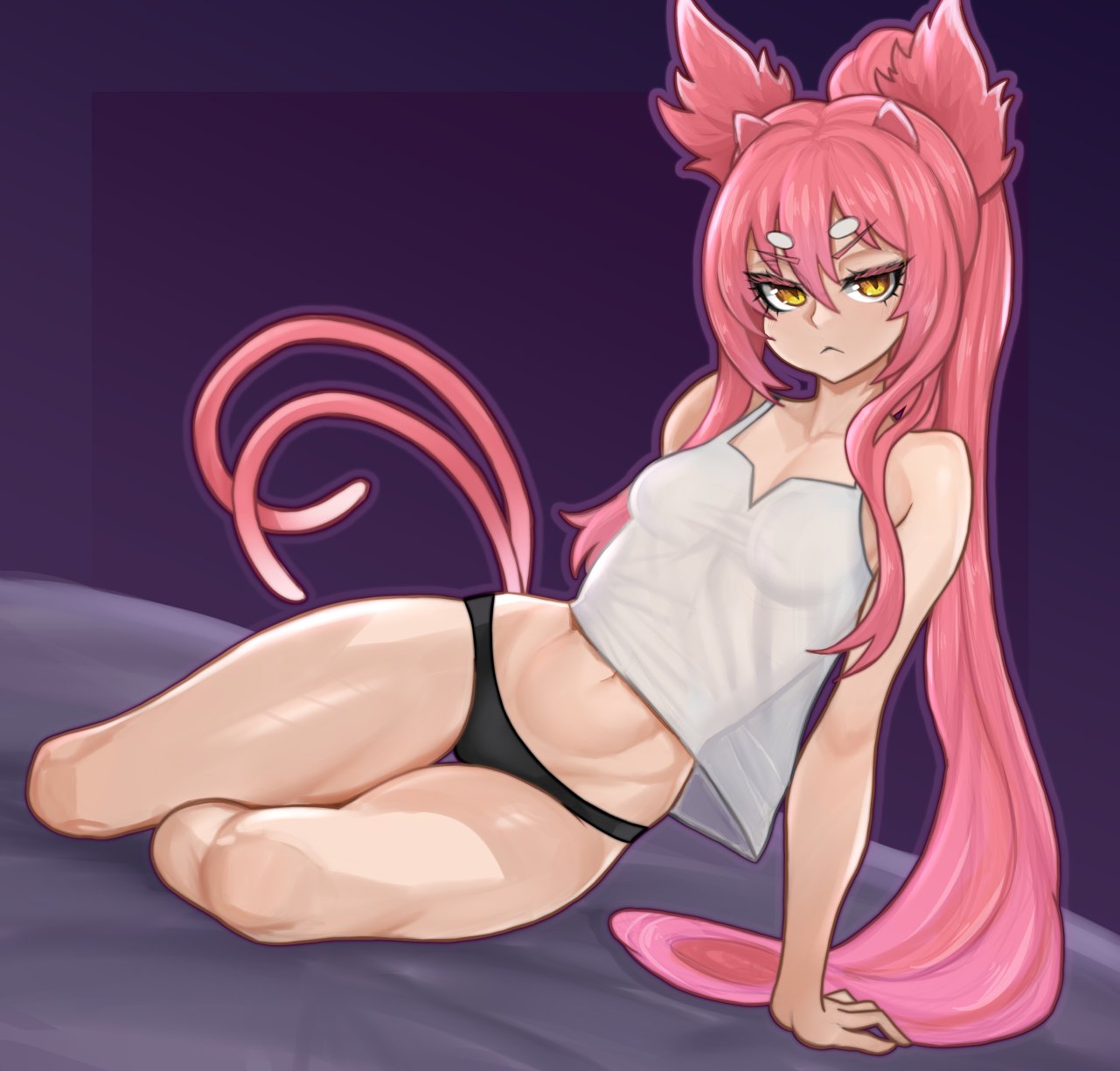 nerosynt, kokonoe (blazblue), arc system works, blazblue, commentary, english commentary, highres, 1girl, 2025, animal ear fluff, animal ears, arm support, arms behind back, artist name, ass, bare legs, bare shoulders, black panties, blush, breasts, cat ears, cat girl, cat tail, closed mouth, crop top, eyebrows hidden by hair, facial mark, feet out of frame, female focus, forehead mark, frown, glasses, gluteal fold, hair between eyes, hair over shoulder, hairdressing, half-closed eyes, head tilt, implied extra ears, indoors, large breasts, long hair, looking at viewer, midriff, multiple tails, narrow waist, navel, nipples, on bed, outstretched leg, panties, panty pull, pince-nez, pink hair, ponytail, purple background, see-through clothes, serious, shirt, sidelocks, simple background, sitting, slit pupils, small breasts, soles, solo, spread fingers, straight hair, tail, taut clothes, teeth, thick thighs, thighs, tsurime, underwear, v-shaped eyebrows, very long hair, white background, white shirt, wide hips, yellow eyes, yokozuwari
