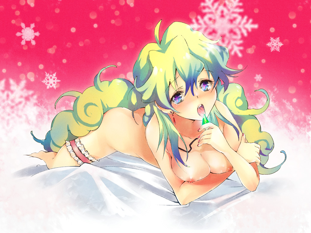 reika (artist), yukimitsuki, nia teppelin, tengen toppa gurren lagann, bad id, bad pixiv id, + +, 00s, 1girl, barefoot, bed sheet, breast press, breasts, cleavage, cross-shaped pupils, earrings, female focus, frilled thigh strap, jewelry, large breasts, licking, long hair, multicolored hair, nail polish, nipples, nude, pink nails, snowflakes, solo, symbol-shaped pupils, thigh strap, tongue