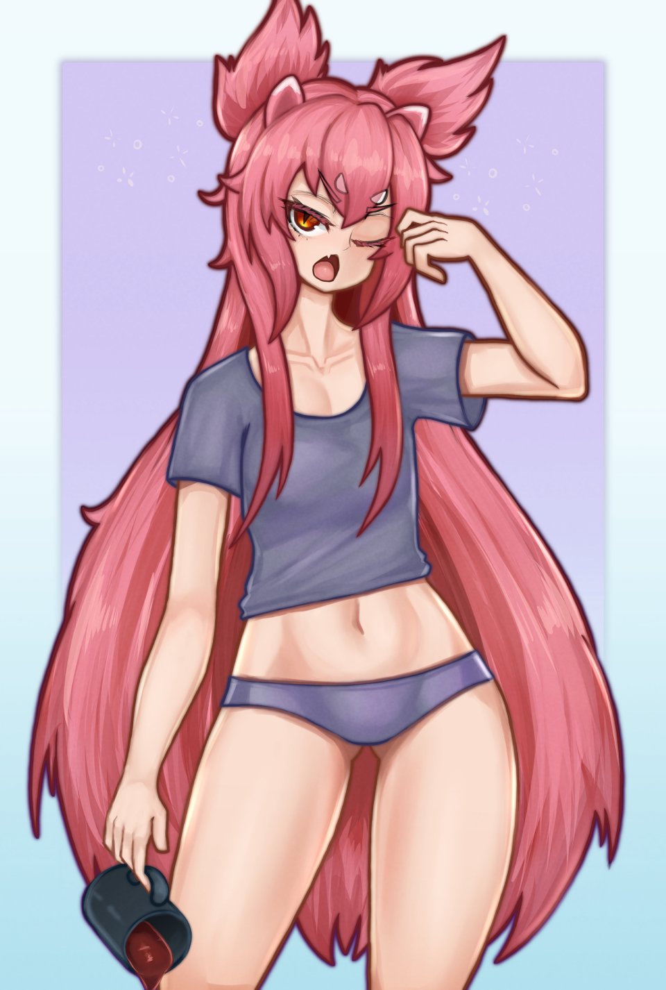 nerosynt, kokonoe (blazblue), arc system works, blazblue, commentary, english commentary, highres, 1girl, 2023, animal ears, arm at side, arm up, ass, blue background, blue panties, blue shirt, blush, border, breasts, casual, cat ears, cat girl, coffee, coffee mug, contrapposto, cowboy shot, cup, eyebrows hidden by hair, facial mark, fang, female focus, forehead mark, gluteal fold, gradient background, hair over shoulder, long hair, messy hair, midriff, mug, one eye closed, open mouth, panties, pink hair, red eyes, shirt, short sleeves, simple background, slit pupils, small breasts, solo, spilling, standing, thighhighs, tongue, underwear, very long hair, yawning