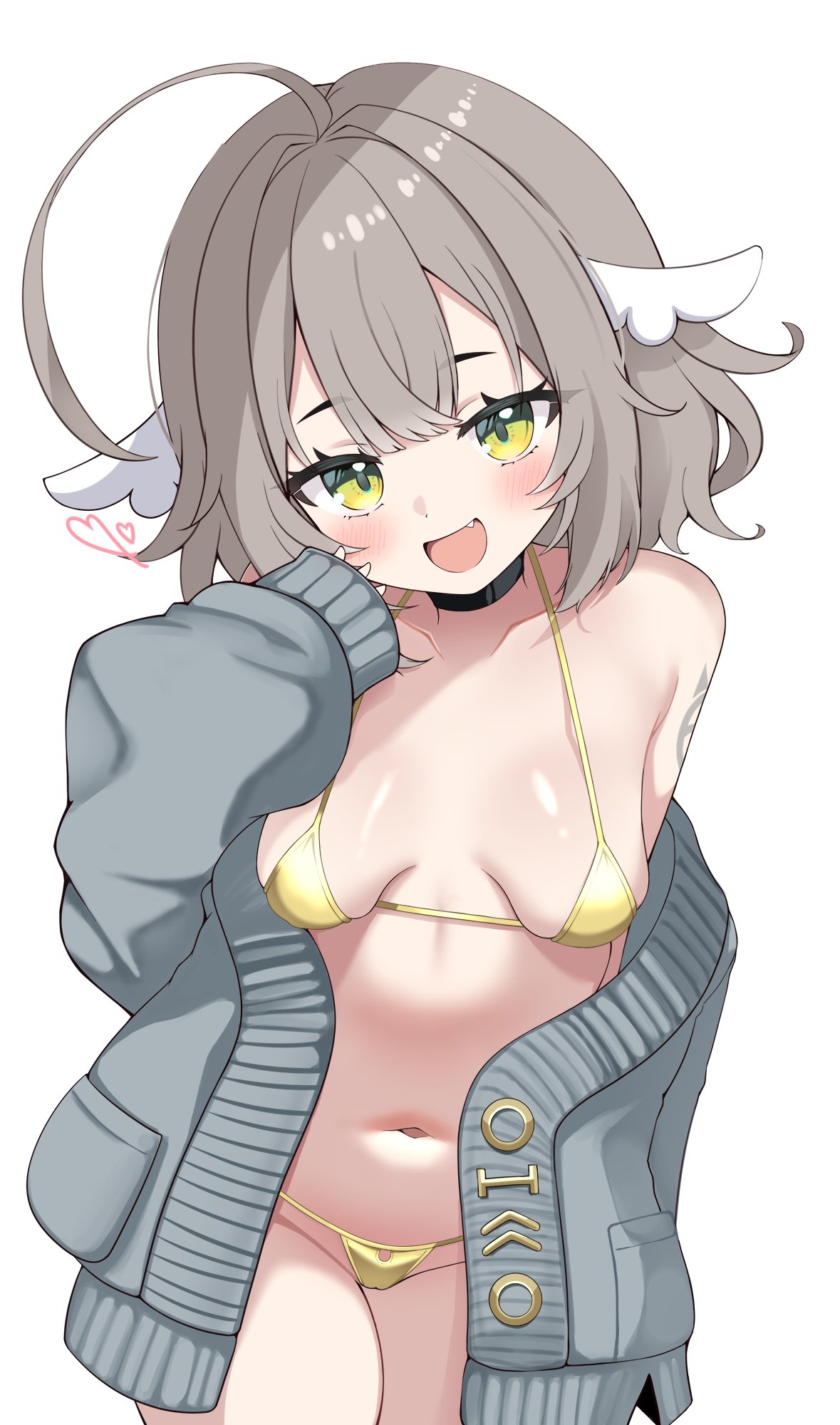 oimo buster, indie virtual youtuber, artist request, bikini, breasts, brown hair, cardigan, gold bikini, green eyes, sagging breasts, small breasts, virtual youtuber