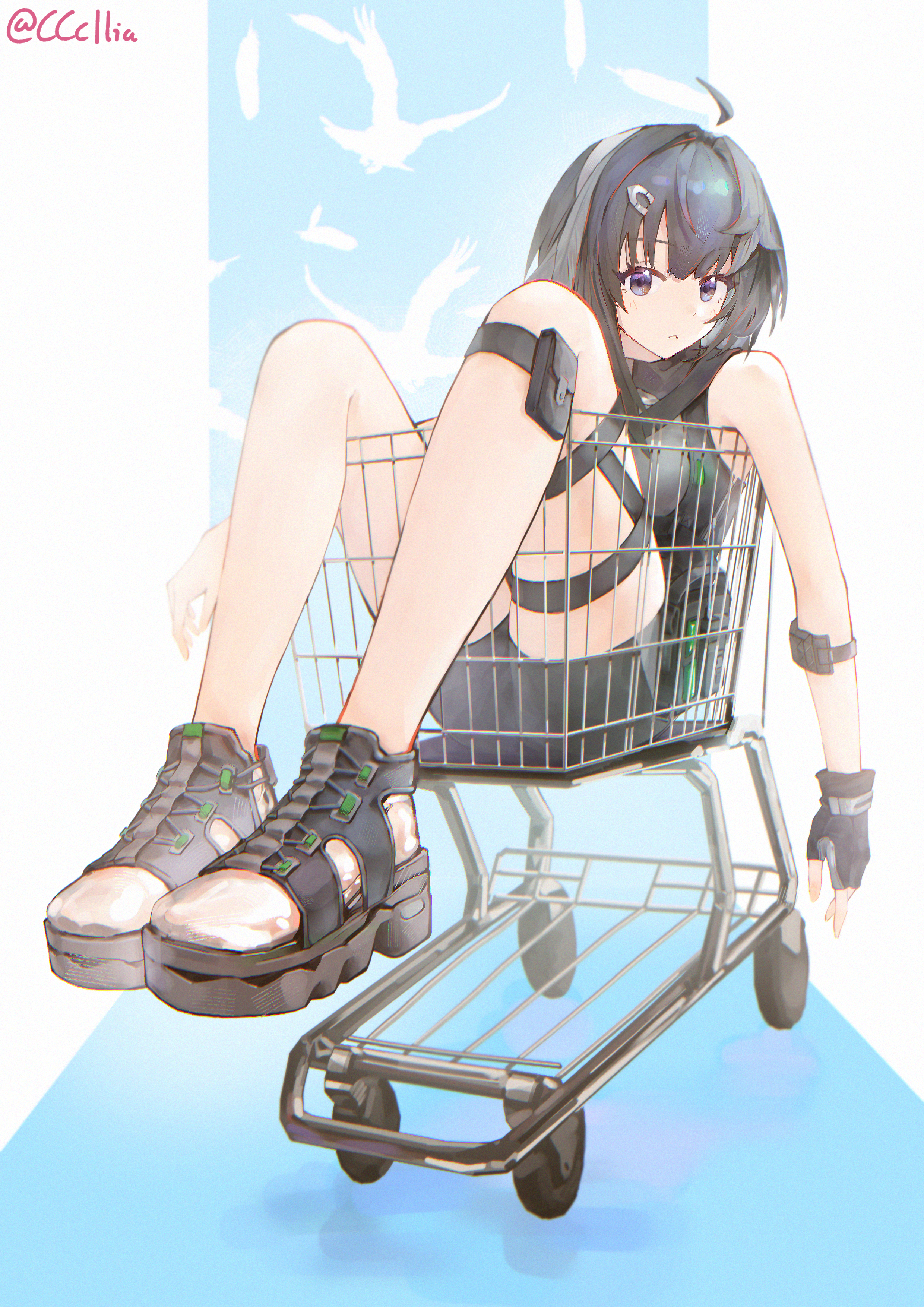 sakuratani hane, la pluma (arknights), arknights, absurdres, chinese commentary, commentary, commentary request, english commentary, highres, mixed-language commentary, 1girl, ahoge, bare shoulders, black eyes, black gloves, black hair, black sandals, fingerless gloves, full body, gloves, in shopping cart, looking at viewer, parted lips, platform sandals, pouch, sandals, shin strap, shopping cart, short hair, single fingerless glove, sleeveless, solo, thigh strap, twitter username