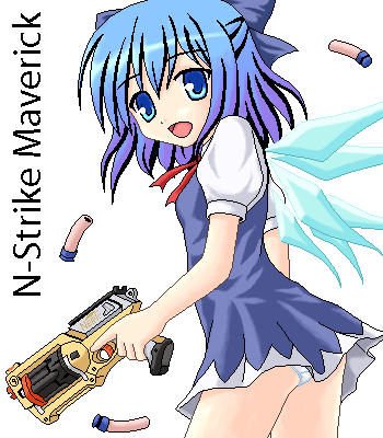 noveske n4, cirno, embodiment of scarlet devil, touhou, bad id, bad pixiv id, lowres, 1girl, blue eyes, blue hair, dress, female focus, gun, handgun, matching hair/eyes, nerf gun, oekaki, panties, pantyshot, pistol, solo, suction cups, underwear, weapon, white background, wings