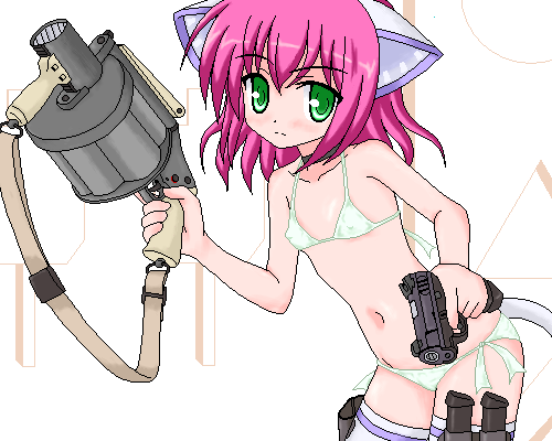 noveske n4, original, walther, bad id, bad pixiv id, lowres, 1girl, animal ears, bikini, cat ears, covered erect nipples, female focus, flat chest, green eyes, grenade launcher, gun, handgun, holster, knife, lowleg, lowleg bikini, magazine (weapon), milkor mgl, navel, oekaki, panties, pink hair, pistol, revolver, revolver grenade launcher, side-tie bikini bottom, side-tie panties, solo, swimsuit, thigh holster, thighhighs, trigger discipline, underwear, walther p99, weapon
