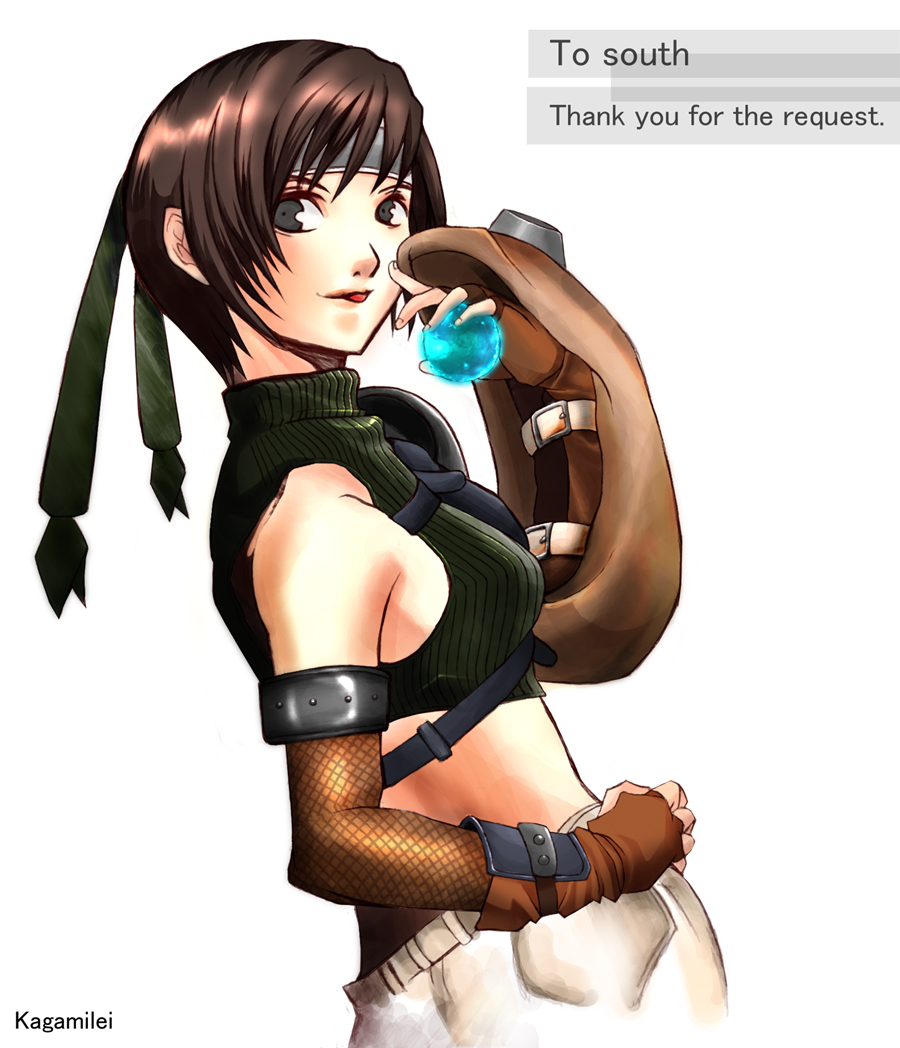 kagami rei, yuffie kisaragi, final fantasy, final fantasy vii, 1990s (style), armor, bare shoulders, brown eyes, brown hair, fingerless gloves, gloves, headband, looking back, materia, midriff, retro artstyle, short hair, shorts, sleeveless, sleeveless turtleneck, solo, tongue, turtleneck