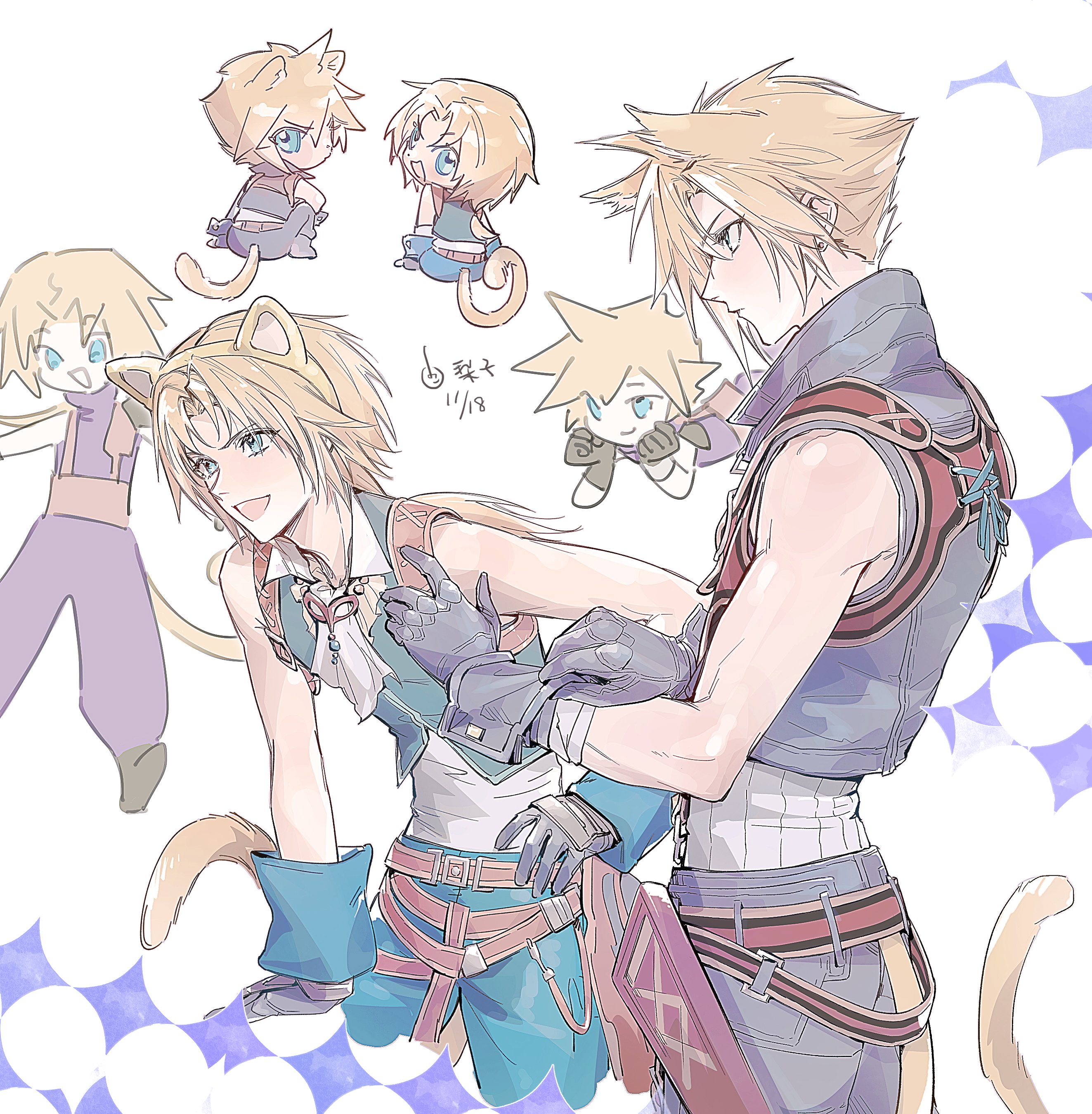 lily (shio1006), cloud strife, cloud strife (zidane's outfit), zidane tribal, final fantasy, final fantasy ix, final fantasy vii, final fantasy vii: ever crisis, absurdres, commentary, highres, symbol-only commentary, 2boys, adjusting clothes, animal ear hairband, animal ears, aqua eyes, baggy pants, bare shoulders, belt, black gloves, black pants, black vest, black wrist cuffs, blue pants, blue shirt, blue wrist cuffs, brown belt, cat ear hairband, cat ears, cat tail, chibi, chibi inset, cloud strife (cosplay), cosplay, cropped vest, dated, earrings, fake animal ears, gloves, green vest, grey gloves, hair between eyes, hairband, head on hands, jewelry, long hair, low ponytail, male focus, multiple belts, multiple boys, multiple views, official alternate costume, open mouth, pants, parted bangs, ponytail, ribbed sweater, shirt, short hair, single earring, sleeveless, sleeveless sweater, sleeveless turtleneck, smile, spiked hair, suspenders, sweater, tail, turtleneck, vest, white background, white shirt, white sweater, wrist cuffs, zidane tribal (cosplay)