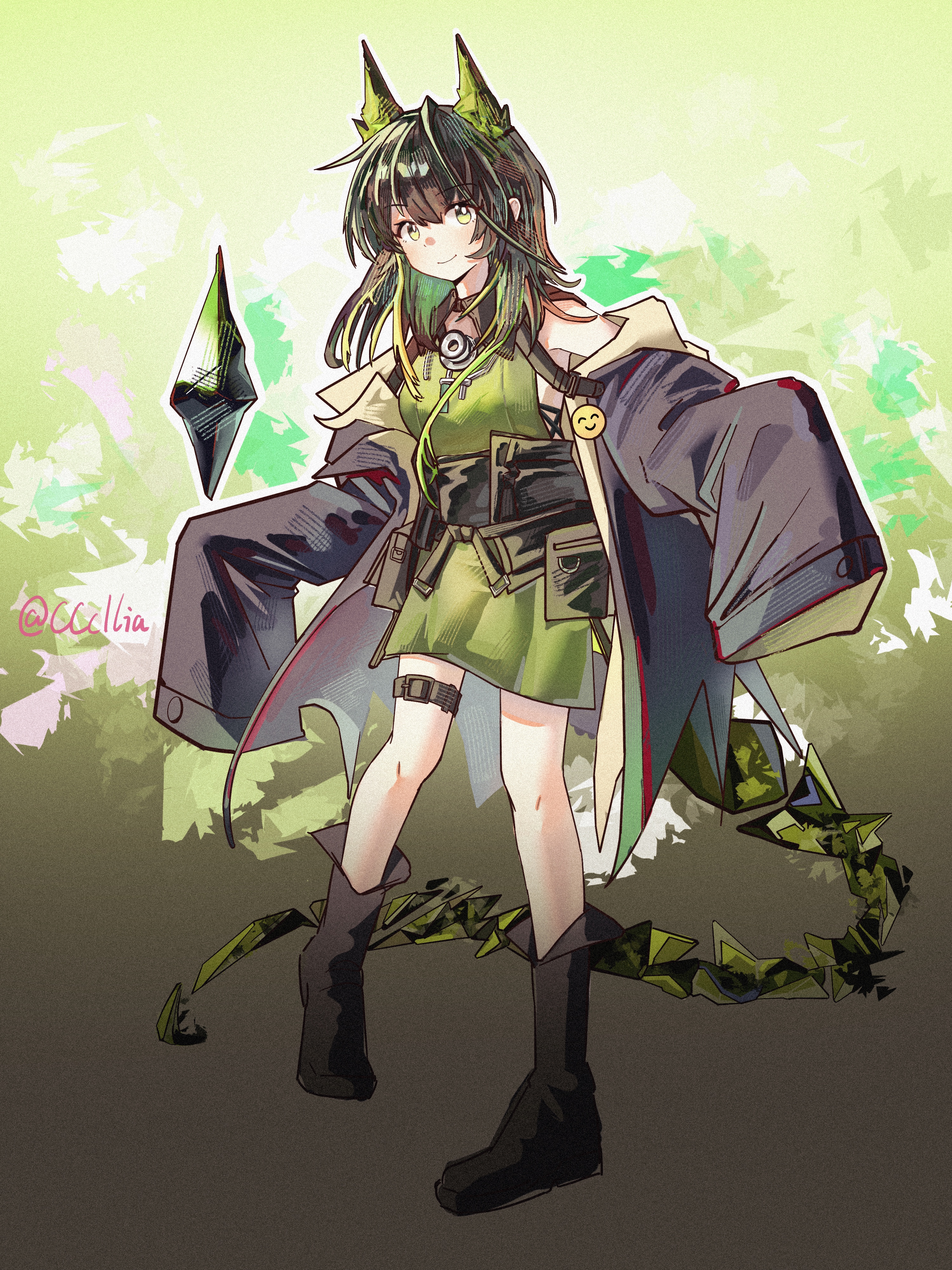 sakuratani hane, mon3tr (arknights), arknights, absurdres, highres, 1girl, animal ears, bare shoulders, black boots, black coat, black hair, blonde hair, boots, bright pupils, closed mouth, coat, crystal, emoji, film grain, full body, green eyes, green hair, hair between eyes, knee boots, long hair, looking at viewer, multicolored hair, outline, pouch, sleeves past fingers, sleeves past wrists, smile, solo, standing, tail, twitter username, white outline, white pupils