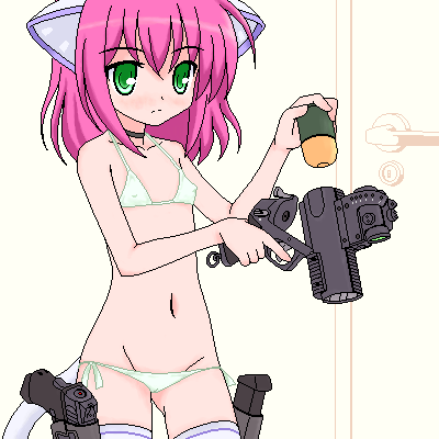 noveske n4, original, walther, bad id, bad pixiv id, lowres, 1girl, animal ears, bikini, cameltoe, cat ears, cat tail, covered erect nipples, doorknob, female focus, flat chest, green eyes, grenade launcher, gun, handgun, holster, lowleg, lowleg bikini, magazine (weapon), navel, oekaki, pink hair, pistol, reloading, side-tie bikini bottom, solo, swimsuit, tail, thigh holster, thighhighs, walther p99, weapon, white bikini