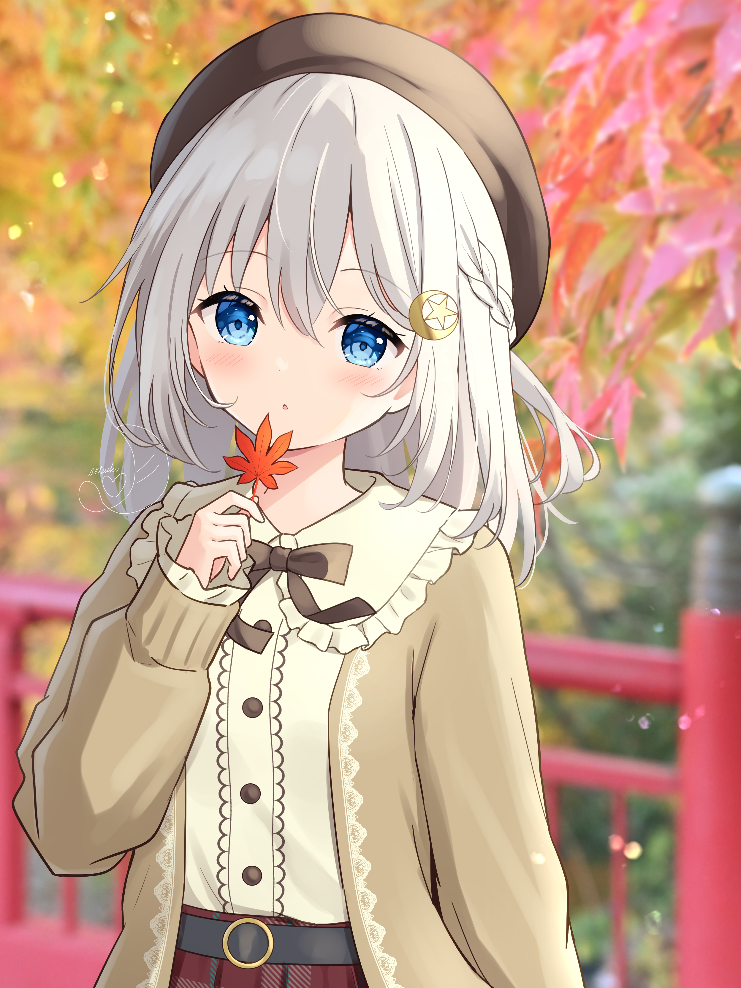 hanazora satsuki, satsuki (hanazora satsuki), original, absurdres, commentary request, highres, 1girl, :o, autumn leaves, beret, black hat, black ribbon, blue eyes, blurry, blurry background, blush, braid, brown cardigan, cardigan, crescent, crescent hair ornament, frilled shirt collar, frills, hair ornament, half up braid, hat, holding, holding leaf, leaf, looking at viewer, maple leaf, neck ribbon, open cardigan, open clothes, outdoors, parted lips, plaid clothes, plaid skirt, red skirt, ribbon, shirt, skirt, solo, star (symbol), star hair ornament, upper body, white hair, white shirt