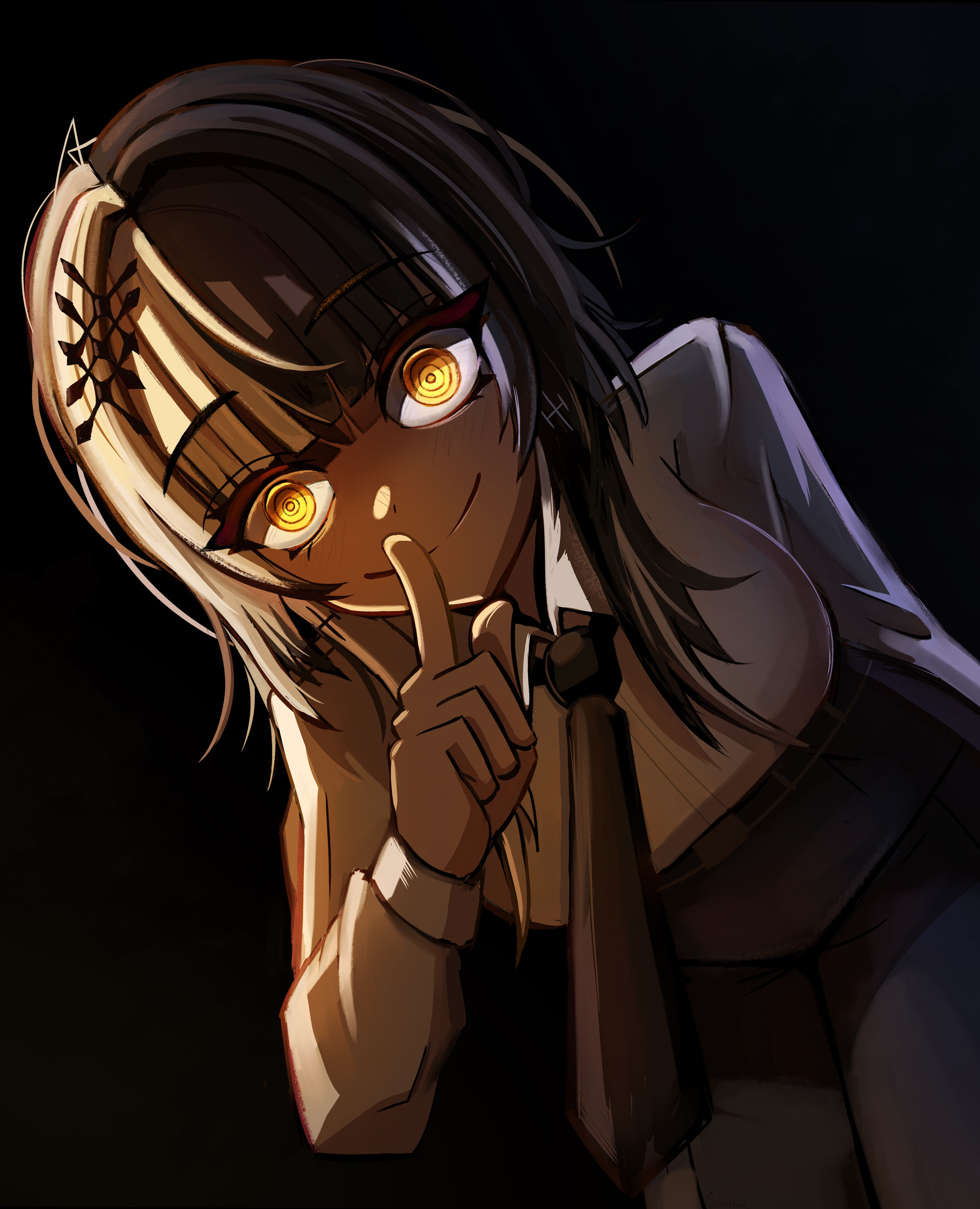 yume (yume ato29), makima (chainsaw man), shiori novella, chainsaw man, hololive, hololive english, absurdres, highres, 1girl, alternate costume, black background, black hair, black necktie, black pants, breasts, business suit, closed mouth, collared shirt, cosplay, formal clothes, grey hair, high-waist pants, large breasts, long hair, long sleeves, looking at viewer, makima (chainsaw man) (cosplay), multicolored hair, necktie, pants, pose imitation, ringed eyes, shirt, shirt tucked in, sidelocks, simple background, smile, solo, split-color hair, suit, two-tone hair, virtual youtuber, white shirt, yellow eyes