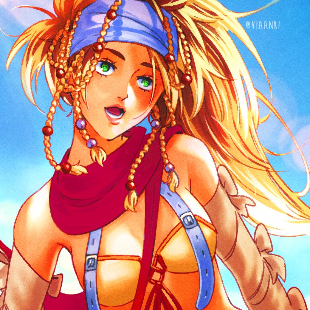 emi-bianchi, rikku (ff10), final fantasy, final fantasy x, final fantasy x-2, 1girl, bare shoulders, beads, bikini, blonde hair, blue headband, blue sky, braid, breasts, detached sleeves, frilled sleeves, frills, green eyes, hair beads, hair ornament, headband, long hair, medium breasts, midriff, multiple braids, open mouth, red scarf, scarf, sky, solo, swimsuit, twitter username, upper body, white sleeves, yellow bikini