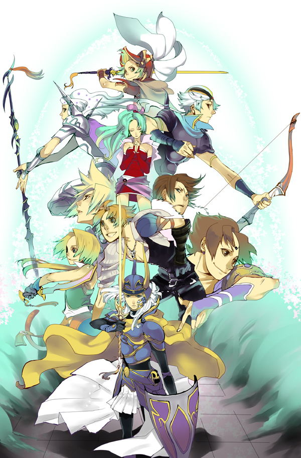 hyaku chi, bartz klauser, cecil harvey, cloud strife, firion, onion knight, paladin (final fantasy), squall leonhart, tidus, tina branford, warrior of light (ff1), zidane tribal, dissidia final fantasy, final fantasy, final fantasy i, final fantasy ii, final fantasy iii, final fantasy iv, final fantasy ix, final fantasy v, final fantasy vi, final fantasy vii, final fantasy viii, final fantasy x, 1980s (style), bad id, bad pixiv id, 00s, 1990s (style), 1girl, 6+boys, armor, blonde hair, bow (weapon), brown hair, cape, everyone, gloves, green hair, helmet, in-franchise crossover, long hair, multiple boys, oldschool, paladin, praying, retro artstyle, shield, short hair, smile, spiked hair, sword, weapon, white hair