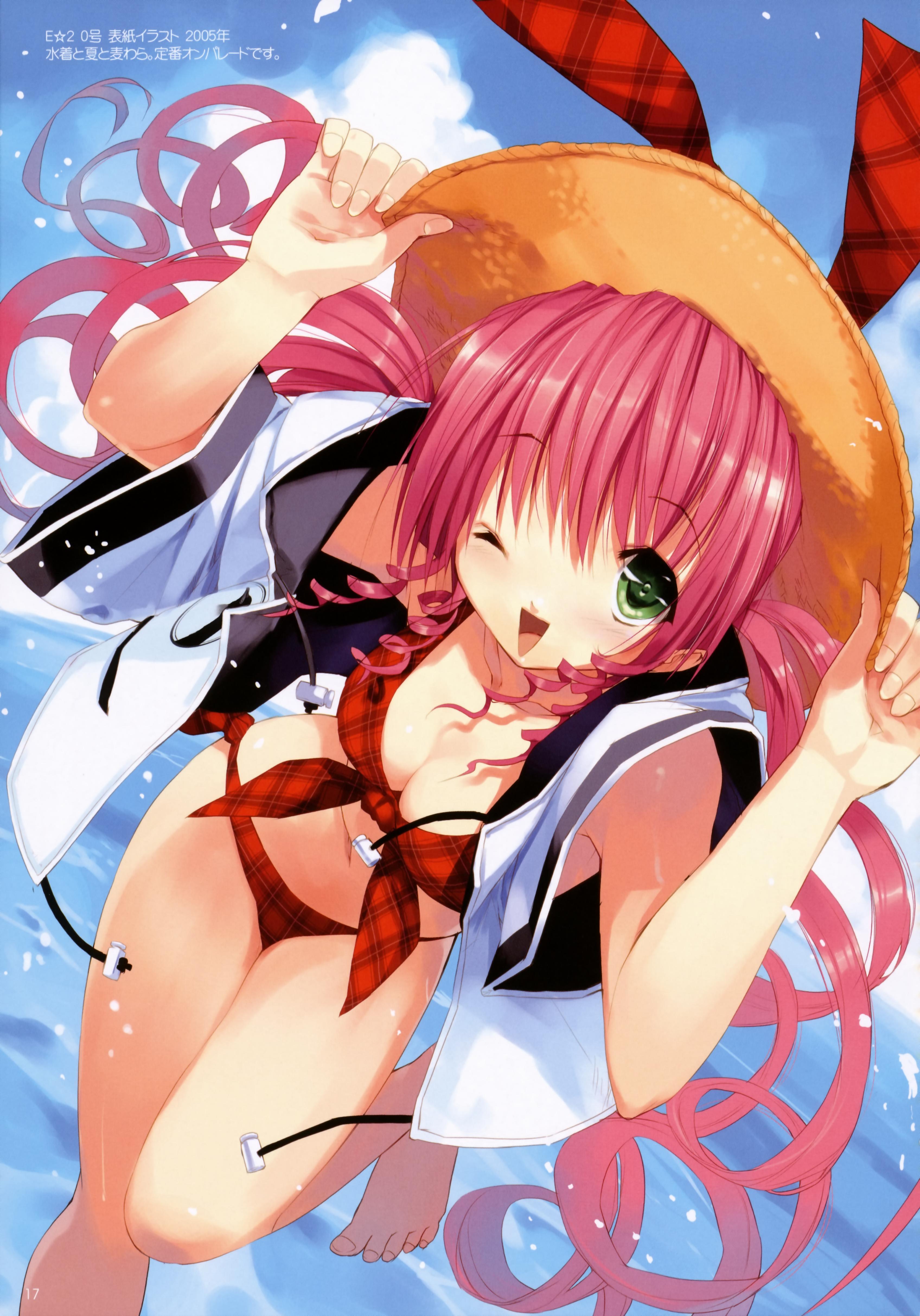 ueda ryou, absurdres, highres, 1girl, bikini, breasts, cleavage, day, female focus, front-tie top, green eyes, hat, long hair, medium breasts, one eye closed, pink hair, solo, swimsuit, very long hair, wink