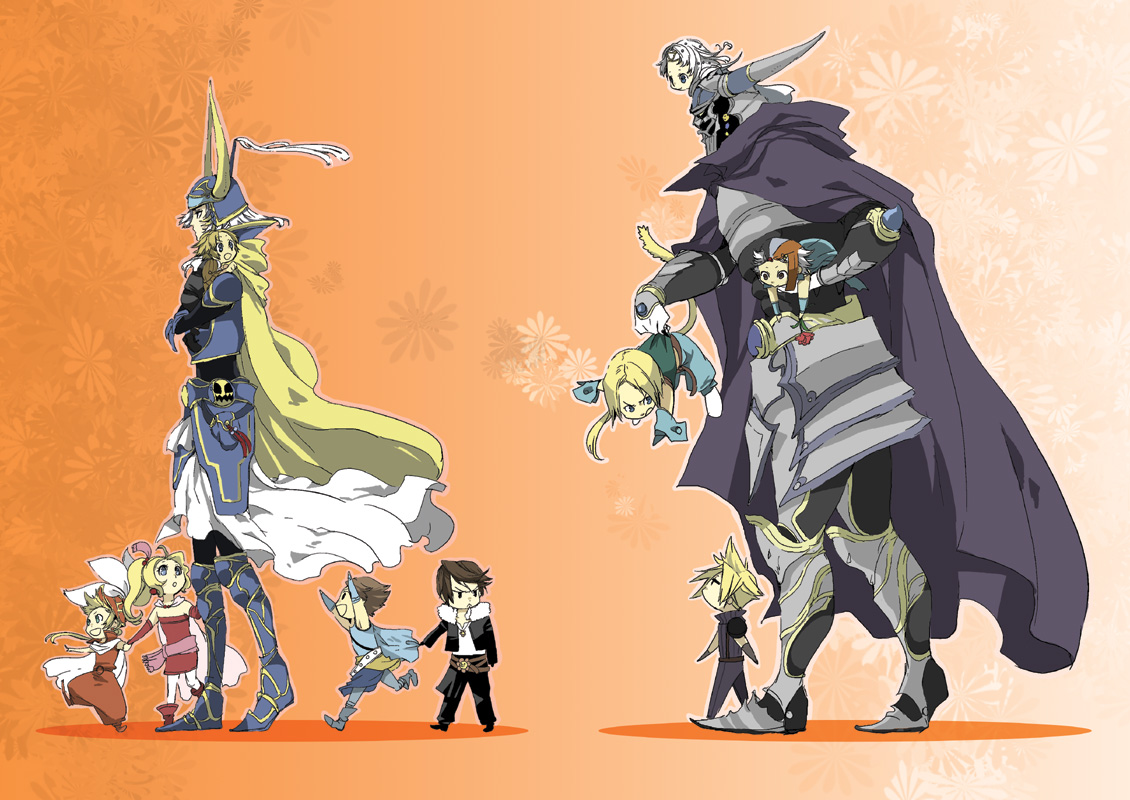 hyaku chi, bartz klauser, cecil harvey, cloud strife, firion, garland (ff1), onion knight, squall leonhart, tidus, tina branford, warrior of light (ff1), zidane tribal, dissidia final fantasy, final fantasy, final fantasy i, final fantasy ii, final fantasy iii, final fantasy iv, final fantasy ix, final fantasy v, final fantasy vi, final fantasy vii, final fantasy viii, final fantasy x, 1980s (style), 00s, 1990s (style), 1girl, 6+boys, armor, blonde hair, brown hair, cape, chibi, everyone, full armor, in-franchise crossover, mini person, miniboy, minigirl, multiple boys, oldschool, pantyhose, retro artstyle, tail