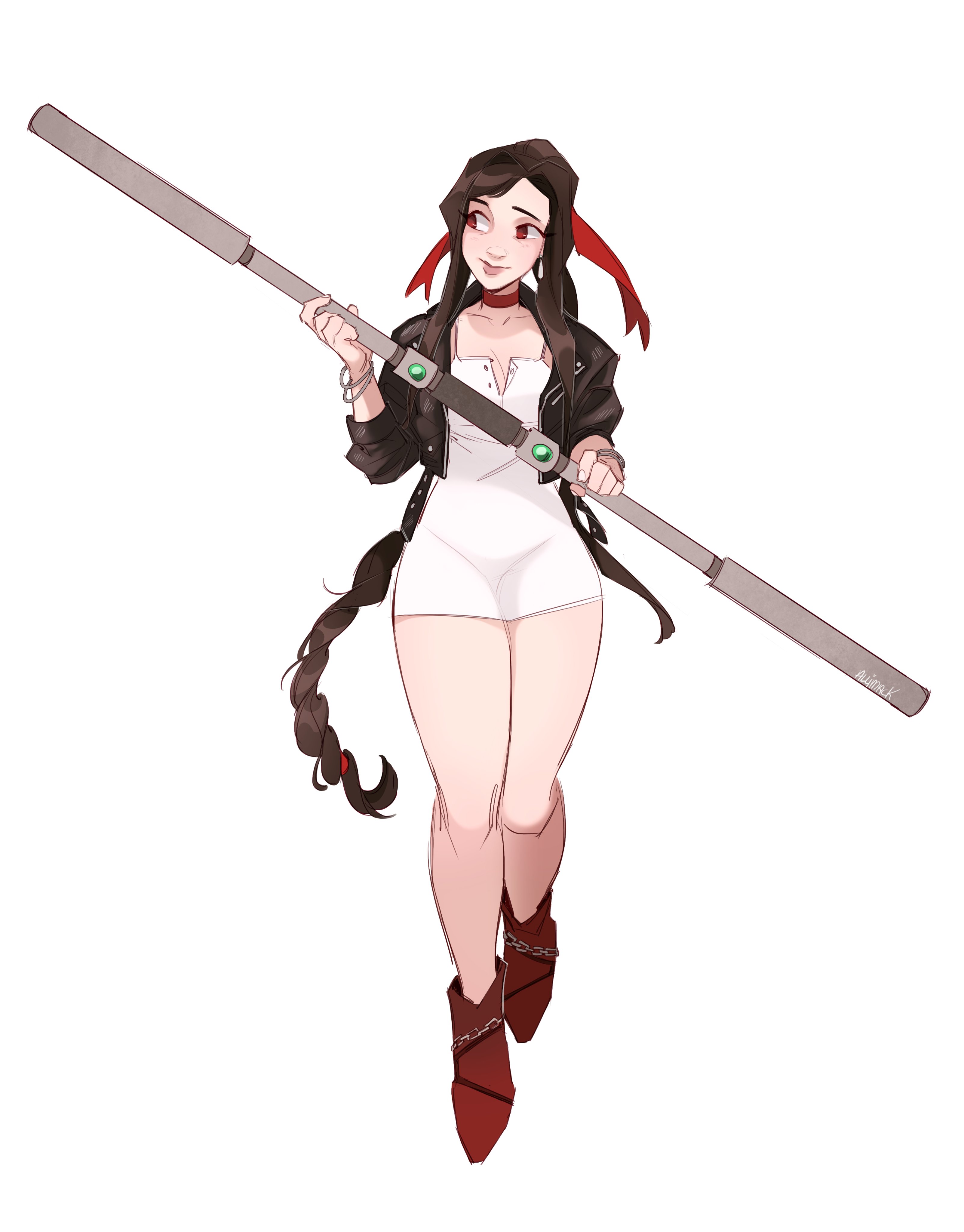 skirtzzz, aerith gainsborough, tifa lockhart, final fantasy, final fantasy vii, absurdres, highres, 1girl, adapted costume, aerith gainsborough (cosplay), alternate costume, artist name, bangle, black hair, black jacket, boots, bracelet, braid, braided ponytail, breasts, brown boots, cleavage, cosplay, cropped jacket, dress, floating, full body, hair ribbon, holding, holding staff, jacket, jewelry, materia, medium breasts, red eyes, red ribbon, ribbon, short dress, sidelocks, single braid, solo, staff, swept bangs, white background, white dress