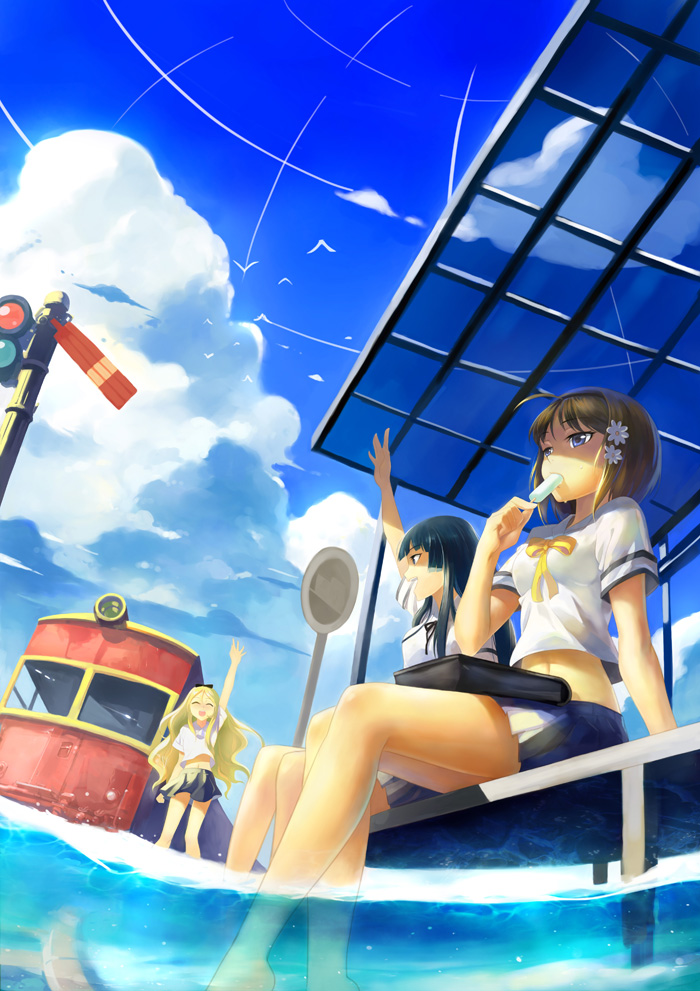 ldld2, original, 3girls, bag, bird, black hair, blonde hair, blue eyes, brown hair, cloud, day, dome, fisheye, flood, flower, food, hair flower, hair ornament, midriff, multiple girls, outdoors, popsicle, railroad signal, railroad tracks, school bag, school uniform, sea train, serafuku, short hair, sign, sitting, sky, soaking feet, train, transparent, water, waving