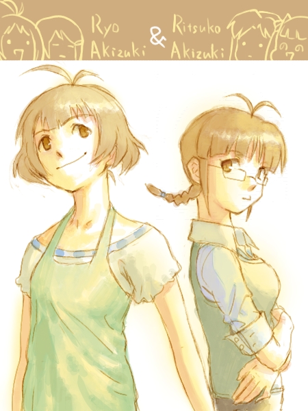 om (carbohydratism), akizuki ritsuko, akizuki ryo, idolmaster, idolmaster (classic), idolmaster dearly stars, bad id, bad pixiv id, 00s, 1boy, 1girl, antenna hair, bare shoulders, braid, breasts, brown eyes, brown hair, cousins, crossdressing, glasses, gradient background, medium breasts, o'm, short hair, small breasts, smile, trap, white background