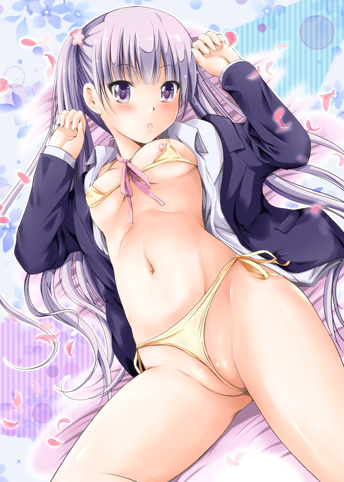 arino hiroshi, suzukaze aoba, new game!, commentary request, hashtag-only commentary, highres, 1girl, bikini, bikini under clothes, black jacket, blazer, breasts, collared shirt, jacket, long hair, micro bikini, navel, nipple slip, nipples, no pants, open clothes, open jacket, open shirt, purple eyes, purple hair, shirt, small breasts, solo, stomach, swimsuit, thighs, twintails, white shirt, yellow bikini
