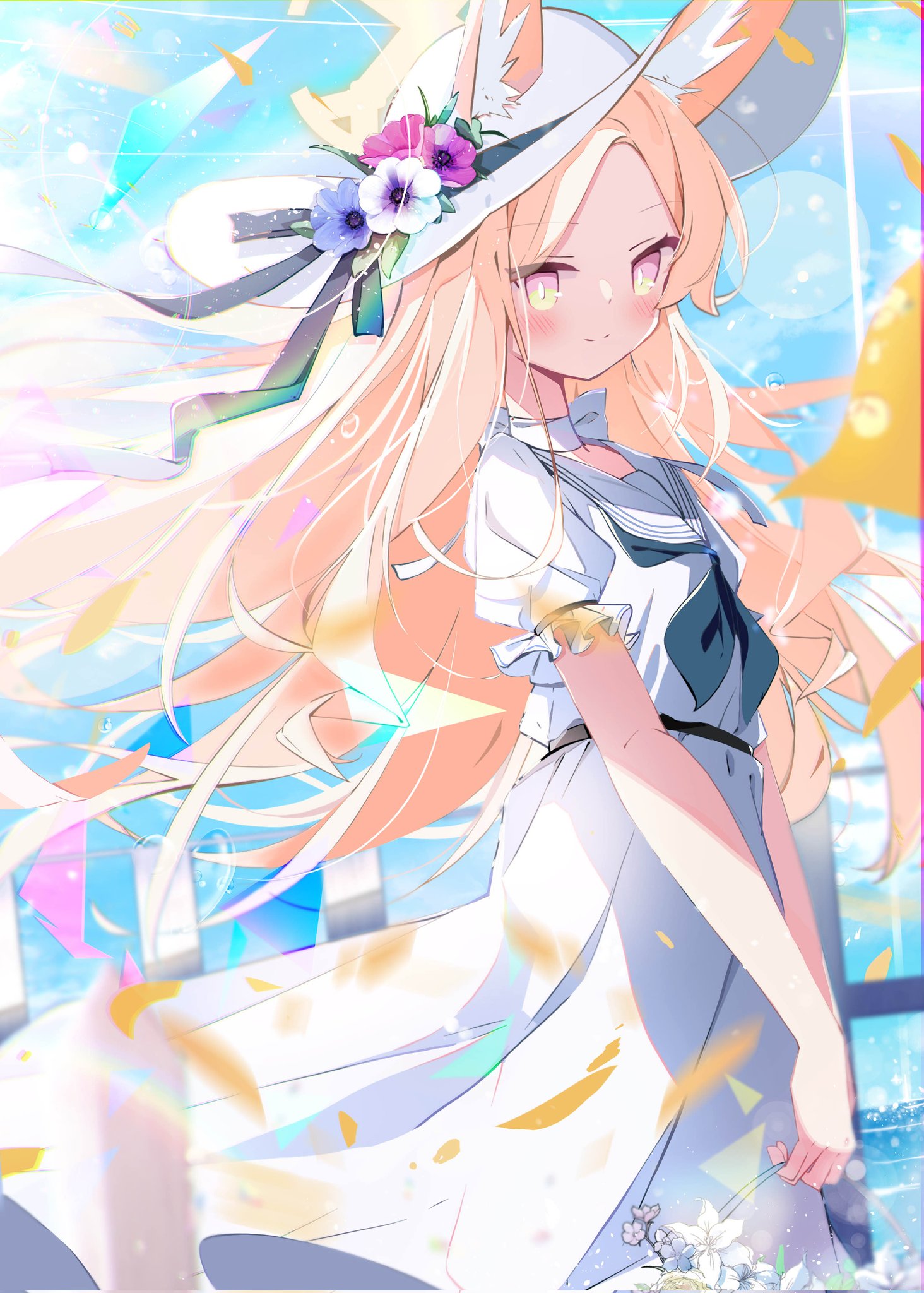 ayahosiyuki, seia (blue archive), blue archive, commentary, highres, 1girl, alternate costume, animal ears, basket, blonde hair, blue neckerchief, blurry, bokeh, choker, day, depth of field, dress, ears through headwear, falling petals, floating clothes, floating hair, flower, fox ears, fox girl, gradient eyes, hair flower, hair ornament, halo, hat, hat ribbon, holding, holding basket, light particles, long hair, looking at viewer, multicolored eyes, neckerchief, ocean, petals, pink eyes, puffy short sleeves, puffy sleeves, ribbon, ribbon choker, sailor collar, short sleeves, sun hat, sun hat ornament, sundress, white dress, white sailor collar, yellow eyes, yellow halo, yellow petals