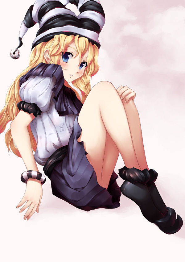 softmode, satou lilly, katawa shoujo, bad id, bad pixiv id, 10s, 1girl, blind, blonde hair, blue eyes, female focus, hugging own legs, jester, long hair, miniskirt, puffy short sleeves, puffy sleeves, short sleeves, skirt, solo