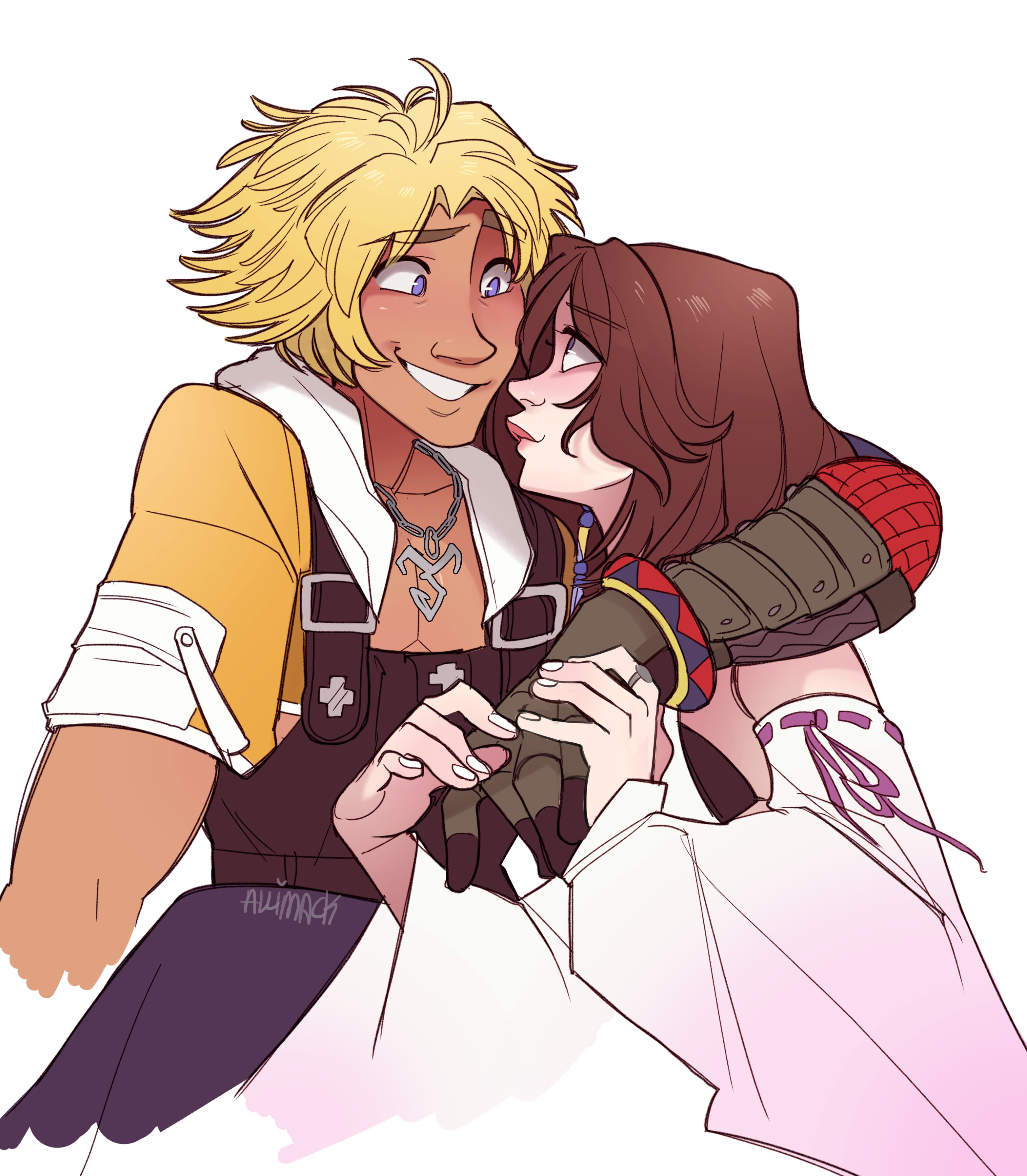 skirtzzz, tidus, yuna (ff10), final fantasy, final fantasy x, absurdres, highres, arm around shoulder, artist name, bare shoulders, black bra, black overalls, blonde hair, blue eyes, bra, brown hair, chain, chain necklace, couple, cropped hoodie, detached sleeves, green eyes, hetero, holding hands, hood, hood down, hoodie, japanese clothes, jewelry, long skirt, looking at another, medium hair, necklace, nontraditional miko, overalls, parted bangs, parted lips, purple skirt, short hair, sitting, skirt, smile, underwear, upper body, white background, white nails, white sleeves, wide sleeves, yellow hoodie