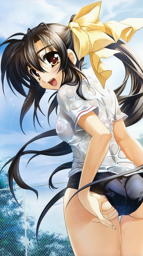 kanna (plum), original, 1girl, adjusting buruma, adjusting clothes, antenna hair, ass, black hair, buruma, chain-link fence, female focus, fence, gym uniform, hair ribbon, long hair, looking back, open mouth, ponytail, ribbon, solo, very long hair, wet, wet clothes