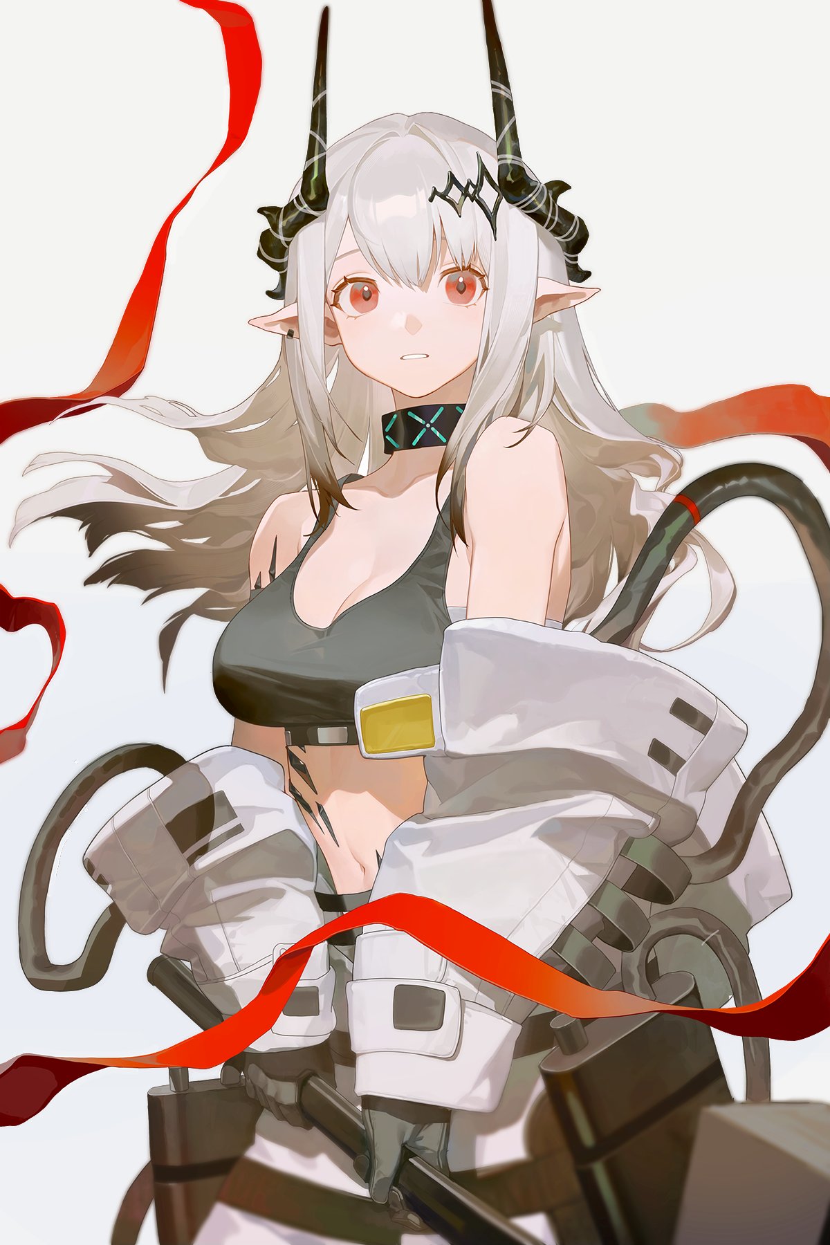 infection monitor (arknights), mudrock (arknights), mudrock (elite ii) (arknights), arknights, hashtag-only commentary, highres, 1girl, bare shoulders, black gloves, black horns, black sports bra, breasts, cleavage, collarbone, cowboy shot, crop top, domma1124, ear piercing, floating hair, gloves, grey background, grey hair, holding, horns, long hair, long sleeves, looking at viewer, material growth, medium breasts, navel, off shoulder, oripathy lesion (arknights), parted lips, piercing, pointy ears, red eyes, red ribbon, ribbon, sidelocks, sleeveless, solo, sports bra, standing