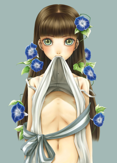 yoshii, original, bad id, bad pixiv id, 1girl, brown hair, clothes in mouth, clothes lift, dress, dress in mouth, dress lift, female focus, flat chest, flower, green eyes, loli, long hair, mouth hold, navel, nipples, skinny, solo, strap slip