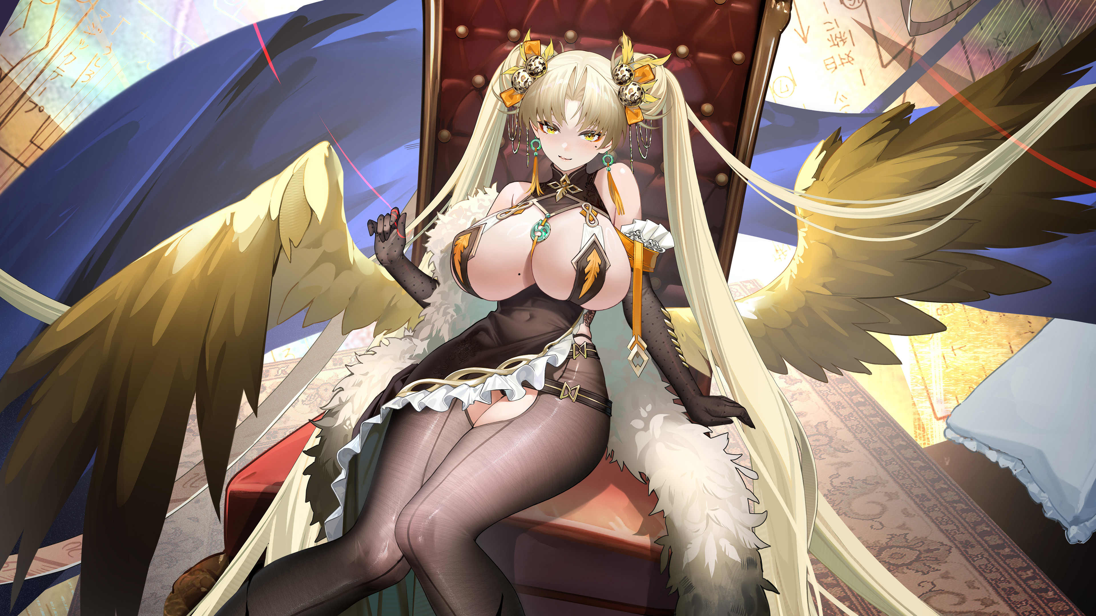 echocalypse, absurdres, artist request, commentary, highres, official art, 1girl, blonde hair, breasts, closed mouth, covered navel, earrings, elbow gloves, feather boa, feathered wings, gloves, hair ornament, jewelry, kira (echocalypse), large breasts, mole, mole on breast, mole under eye, pantyhose, sitting, sitting on throne, solo, throne, twintails, wings, yellow eyes, yellow wings