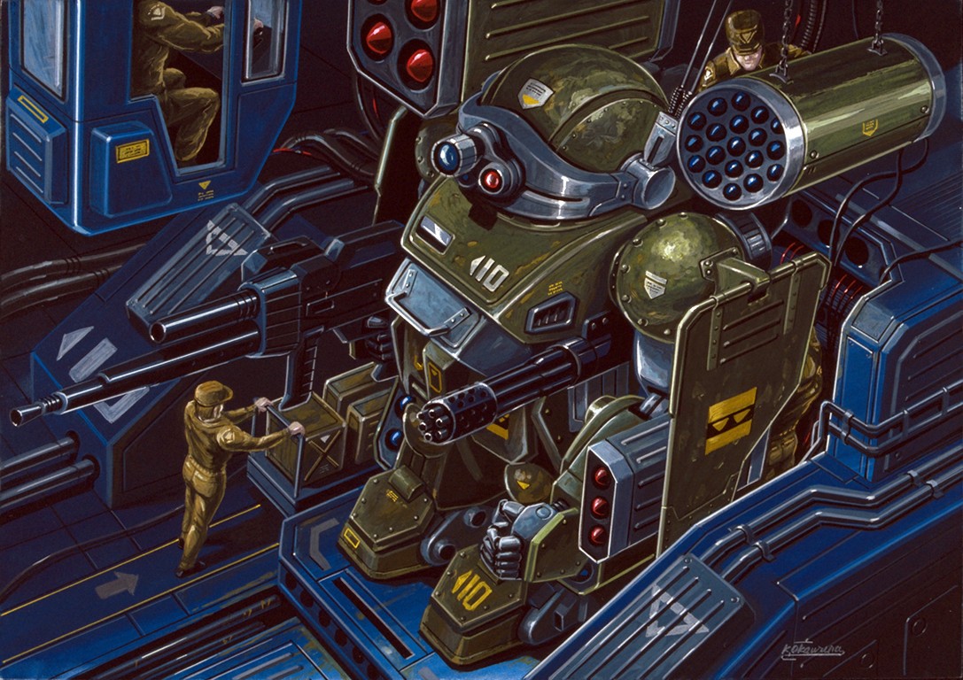 ookawara kunio, scopedog, soukou kihei votoms, official art, 4boys, assault rifle, gatling gun, gun, male focus, mecha, multiple boys, rifle, robot, rocket launcher, weapon