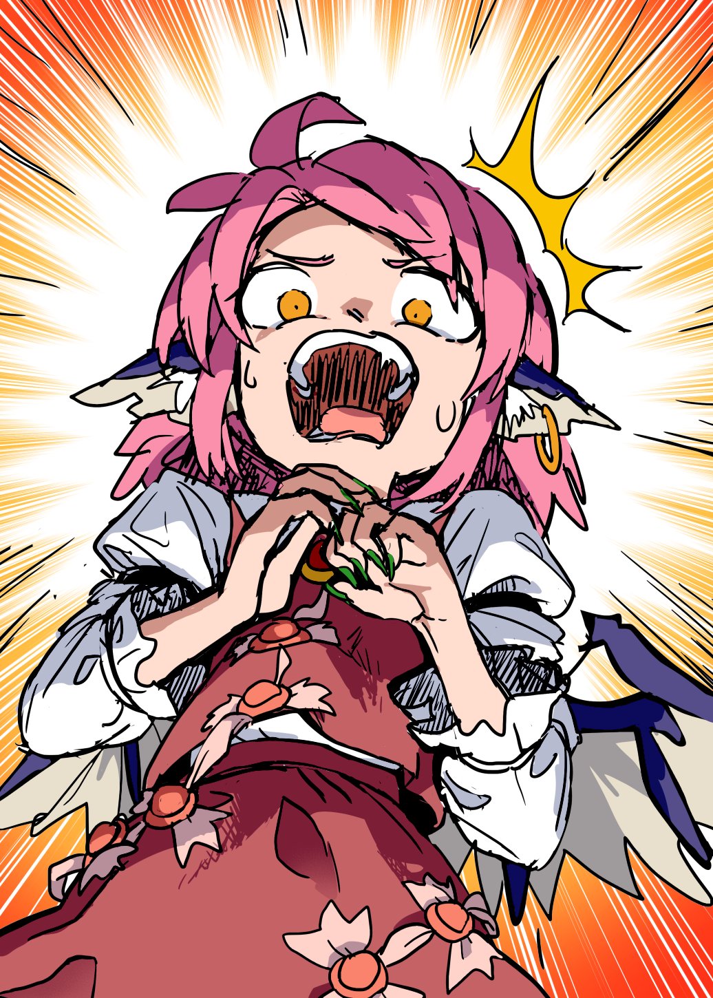 kusiyan, mystia lorelei, touhou, highres, 1girl, animal ears, bird ears, bright pupils, brown skirt, brown vest, feathered wings, fingernails, green nails, long fingernails, looking at viewer, pink hair, sharp fingernails, short hair, skirt, solo, surprised, sweat, vest, wings, yellow eyes