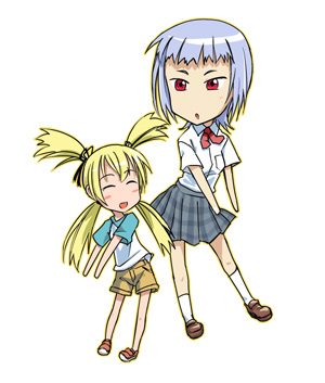 urokozuki, alyssa searrs, koiwai yotsuba, miyu greer, my-hime, yotsubato!, lowres, 2girls, blonde hair, blue hair, chibi, child, closed eyes, cosplay, koiwai yotsuba (cosplay), miniskirt, multiple girls, quad tails, red eyes, shorts, simple background, skirt, white background