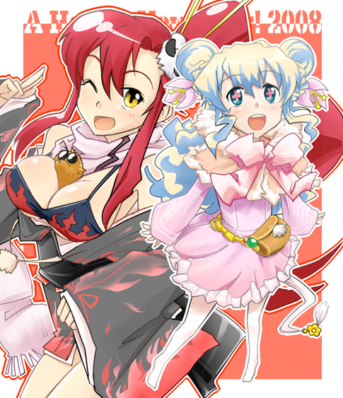 urokozuki, boota (ttgl), nia teppelin, yoko littner, tengen toppa gurren lagann, + +, 00s, 2girls, blush, bow, breasts, cleavage, cross-shaped pupils, double bun, flower, hair bun, japanese clothes, kimono, large bow, large breasts, long hair, multiple girls, one eye closed, open clothes, open kimono, ponytail, pouch, red hair, scarf, short kimono, symbol-shaped pupils, white hair, wink, yellow eyes, yukata