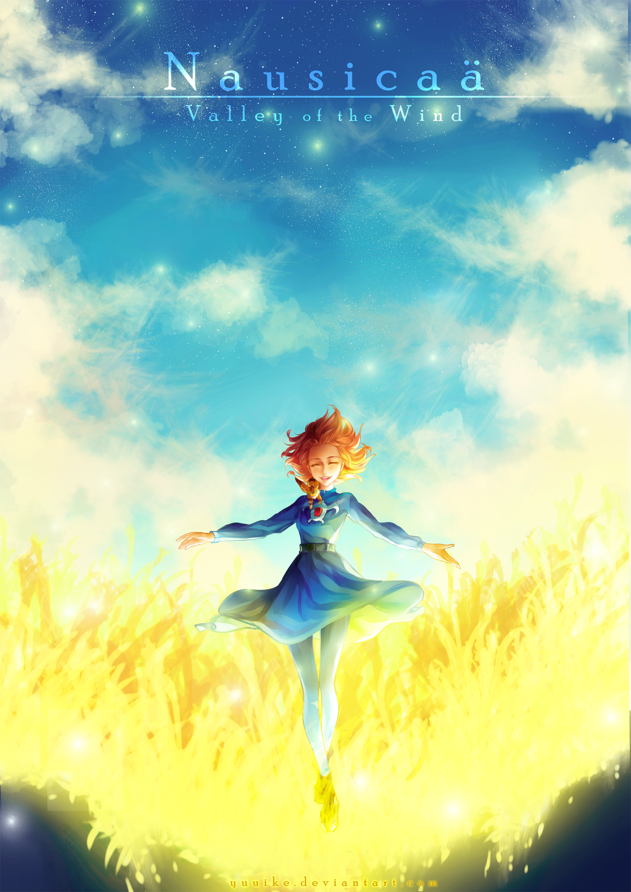 yuuike, nausicaa, teto (nausicaa), kaze no tani no nausicaa, commentary, english commentary, highres, making-of available, 1girl, belt, black belt, blue dress, blue sky, brown hair, closed eyes, cloud, copyright name, creature, creature on shoulder, day, dress, facing viewer, field, long sleeves, on shoulder, outdoors, pantyhose, short hair, sky, smile, standing, star (sky), watermark, web address, white pantyhose, wide shot, wind