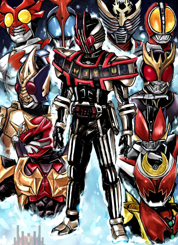 mougira, kamen rider agito, kamen rider agito (shining form), kamen rider blade, kamen rider blade (king form), kamen rider decade, kamen rider decade complete form, kamen rider den-o, kamen rider faiz, kamen rider hibiki, kamen rider kiva, kamen rider kiva (emperor form), kamen rider kuuga, kamen rider kuuga (ultimate form), kamen rider ryuki, kamen rider ryuki survive, kamen rider, kamen rider 555, kamen rider agito (series), kamen rider blade (series), kamen rider dcd, kamen rider den-o (series), kamen rider hibiki (series), kamen rider kabuto (series), kamen rider kiva (series), kamen rider kuuga (series), kamen rider ryuki (series), 6+boys, belt, bodysuit, buckle, everyone, full body, gauntlets, goggles, looking at viewer, male focus, multiple boys, red eyes, standing