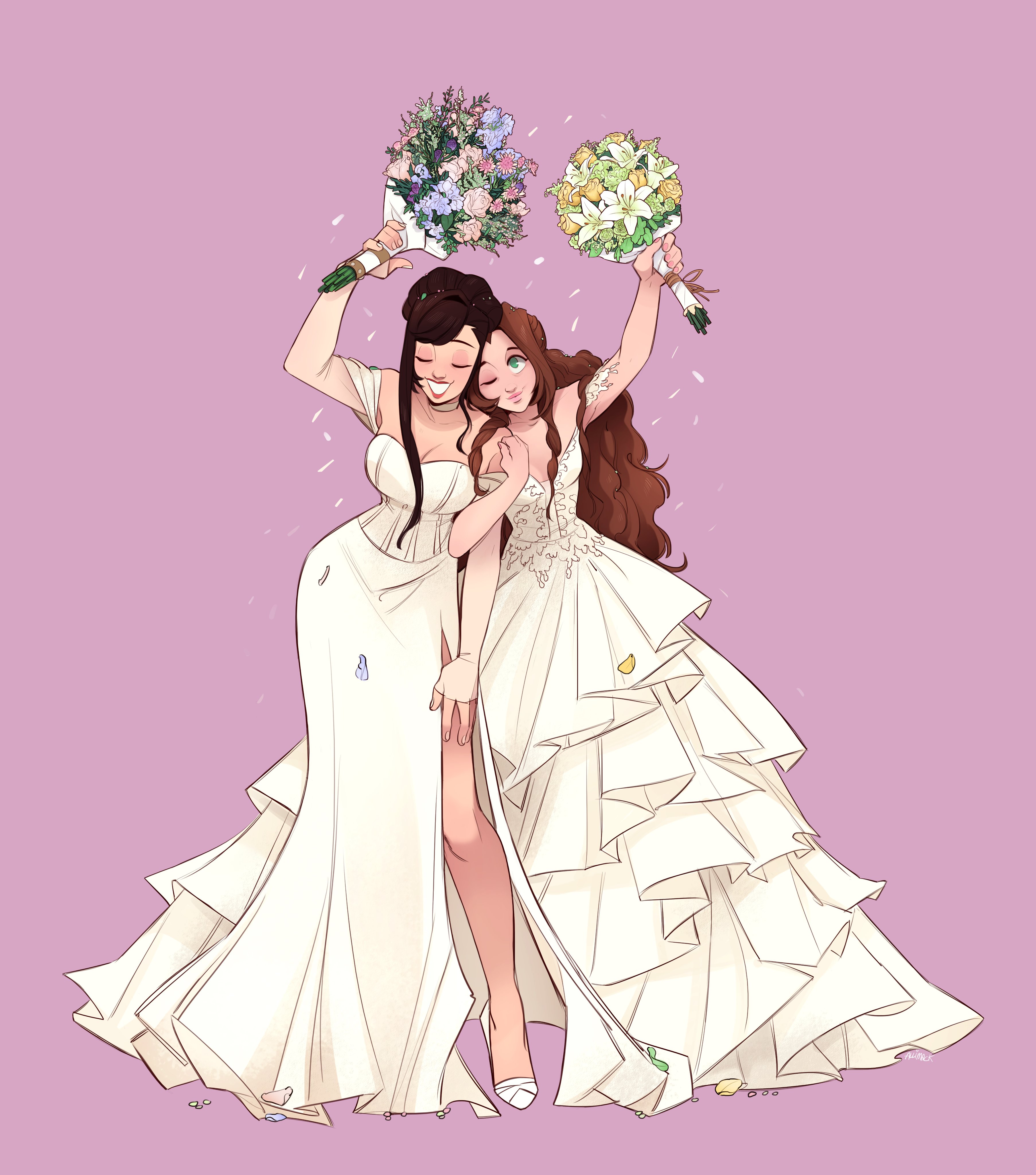 skirtzzz, aerith gainsborough, tifa lockhart, final fantasy, final fantasy vii, absurdres, highres, 2girls, black hair, blue flower, bouquet, breasts, brown hair, cleavage, closed eyes, detached sleeves, dress, falling petals, flower, frilled dress, frills, full body, green eyes, holding, holding bouquet, large breasts, lily (flower), locked arms, long dress, long hair, medium breasts, multiple girls, one eye closed, parted lips, petals, pink flower, see-through clothes, see-through sleeves, shoes, side slit, sidelocks, single sidelock, smile, updo, wavy hair, wedding, wedding dress, white dress, white shoes, wife and wife, yellow flower, yuri