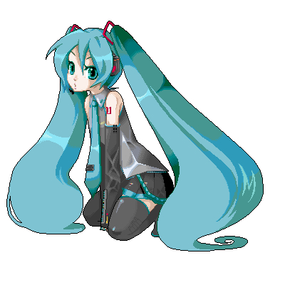 saint (pixiv), seinto, hatsune miku, vocaloid, lowres, 1girl, aqua eyes, aqua hair, detached sleeves, female focus, headphones, headset, kneeling, long hair, necktie, pixel art, solo, thighhighs, twintails, very long hair, zettai ryouiki