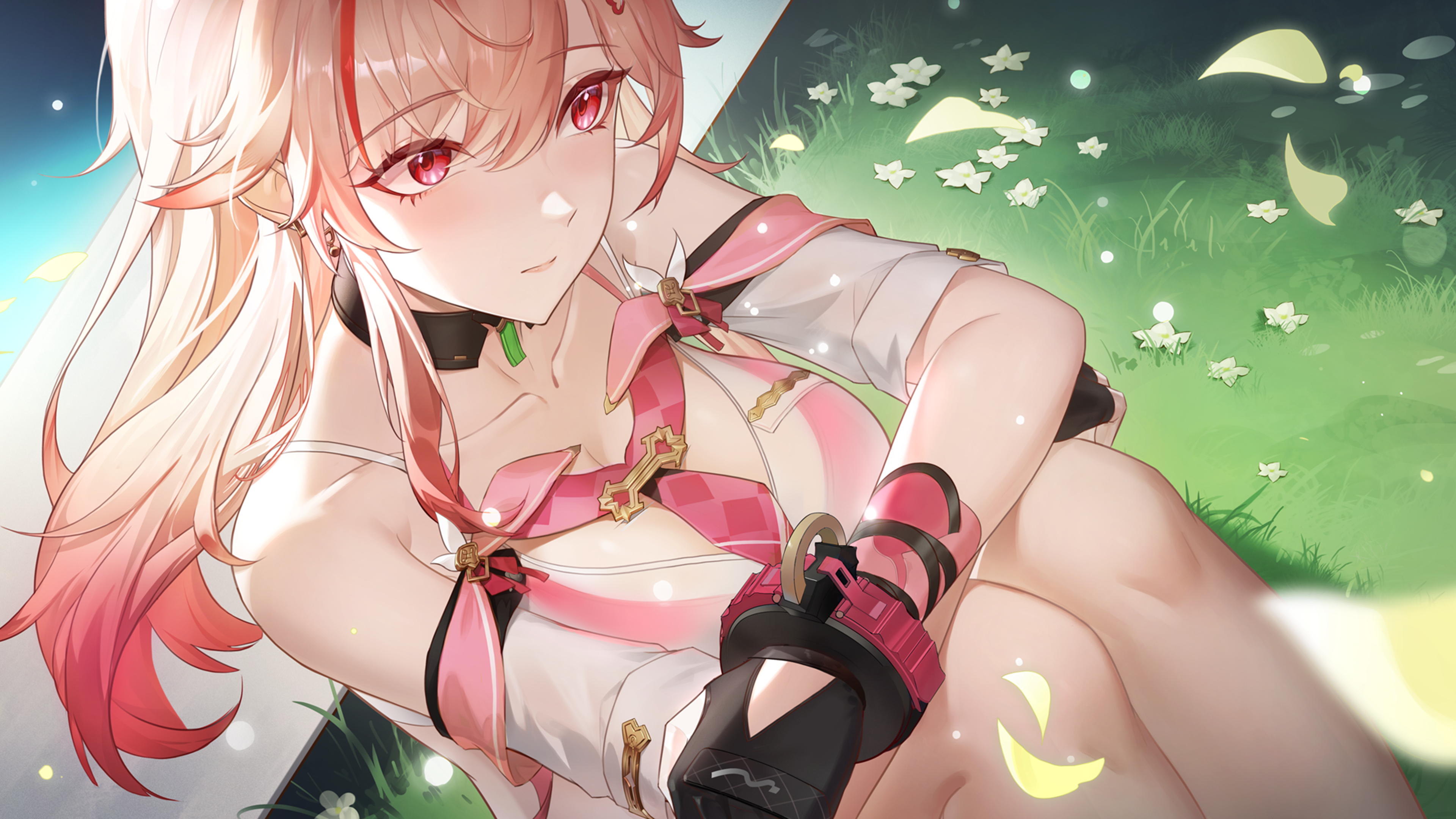 snowbreak: containment zone, absurdres, highres, official art, 1girl, black gloves, breasts, cleavage, closed mouth, collarbone, earrings, falling petals, fingerless gloves, flower, gloves, grass, jewelry, long hair, mia skye, multicolored hair, petals, pink hair, red hair, shadow, solo, streaked hair, white flower, yellow petals