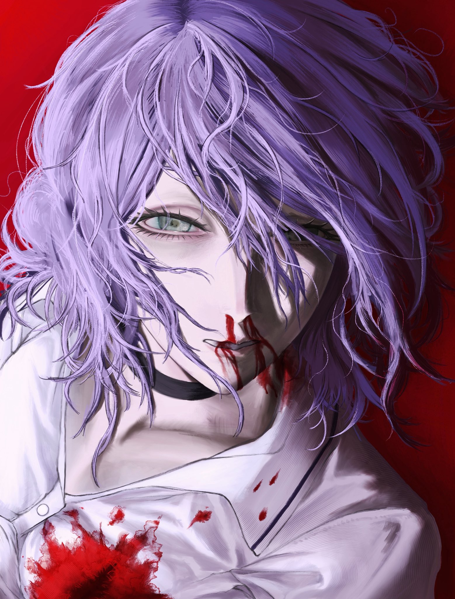 reze (chainsaw man), chainsaw man, highres, 1girl, black choker, blood, blood from mouth, blood on clothes, choker, collarbone, collared shirt, grey eyes, hair between eyes, hair bun, hair over one eye, half-closed eyes, injury, medium hair, messy hair, nosebleed, otataru0806, parted lips, purple hair, red background, shirt, solo, updo, upper body, white shirt