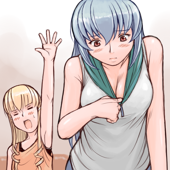 tsuda nanafushi, shinku, suigintou, rozen maiden, silver hair, 00s, 2girls, aged up, blonde hair, breasts, casual, cleavage, large breasts, long hair, multiple girls, shirt, sleeveless, sleeveless shirt, sweatdrop